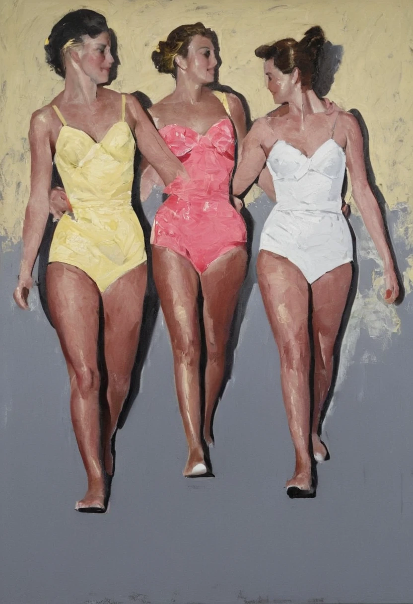 watercolor drawing in Retro-Look, white background, two naked woman walk, a skinny and a fat female, full frontal body shot, in the style of classic Americana, Andrew Loomis style, Masterpiece work of art,