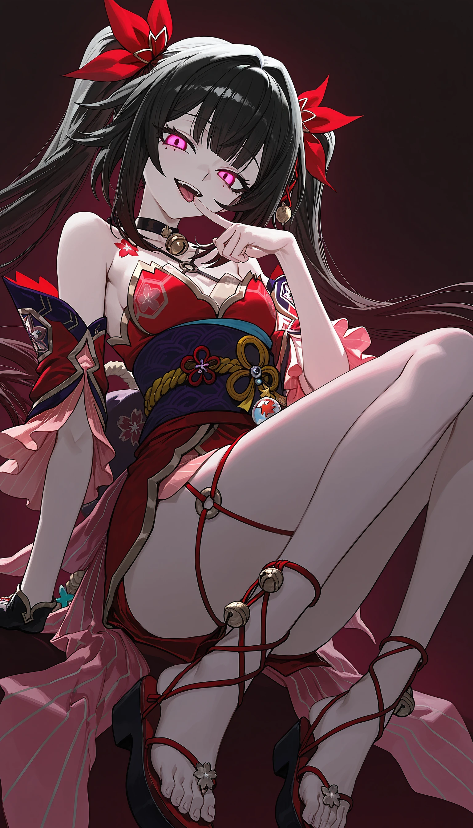 masterpiece, super detailed, 8K portrait, RAW photo, portrait photography, highly detailed face, ((fantasy)), 1 female, (((((Lewd look))))), (((spread legs and sitting on the chair))), 19 years old, (((((Exhibitionist Woman))))), (((Black little eyes))), (((black straight hair))), (((Eyes are hidden by bangs))), Larger earrings, (((white skin color))), (((((Obscene uterus pattern tattoo on abdomen))))), (((((puffy sleeve (((Tattered))) old cloth bikini))))), (((cameltoe))), (((silk cloak))), (((little waist hip pouch))), (((see-through tights))), (((leather boots))))), (((Equip a long iron sword))), midday sun, surreal, ((((flat chest)))), (((((small breasts))))), (((thick thighs))), long legs, In the medieval adventurer’s guild, environmental lighting, shadow details, Focus the camera on the thigh, strong wind, light fog, 