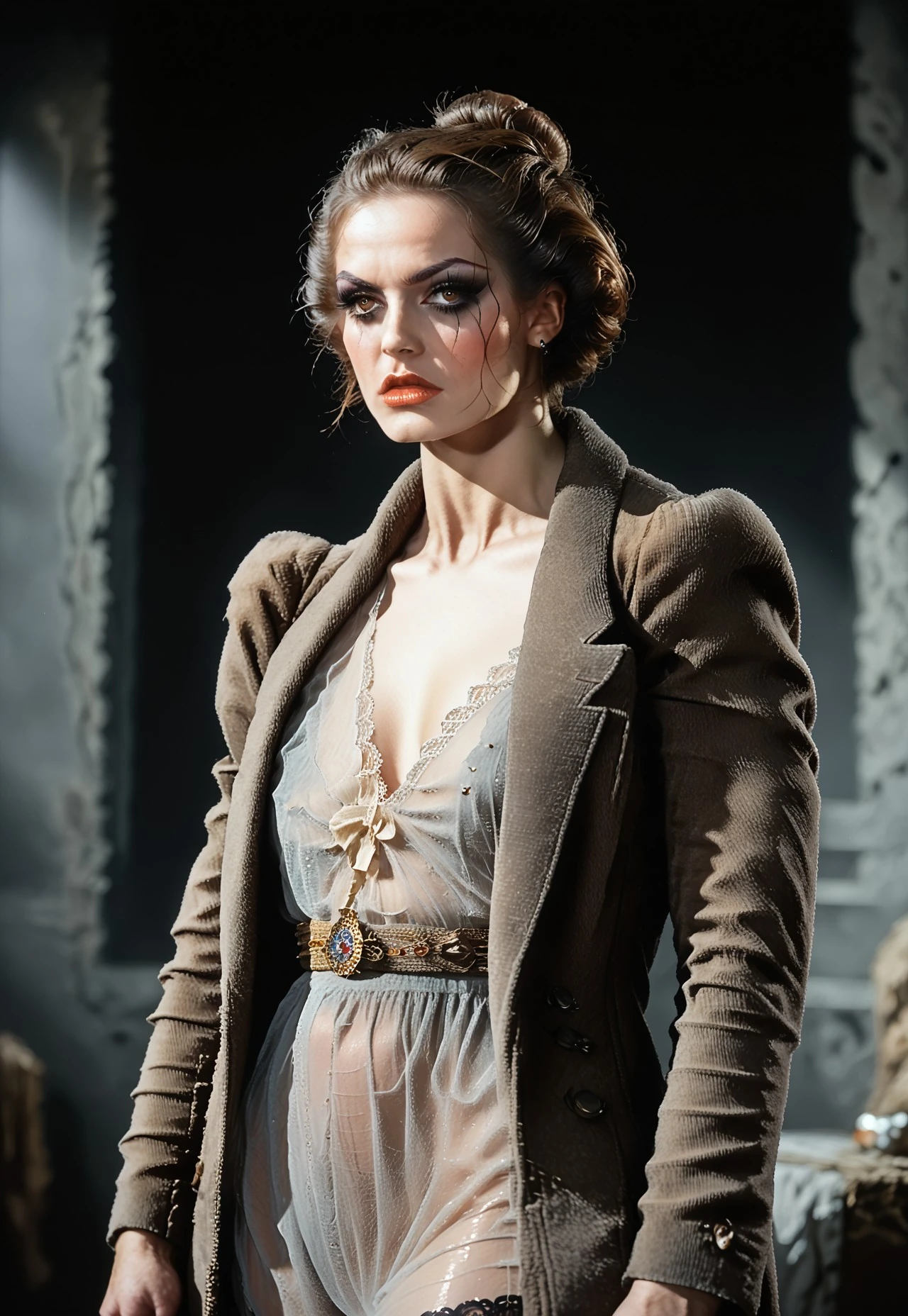 score_9, score_8_up, score_7_up, score_6_up, score_5_up, score_4_up, ArsMovieStill, movie still from a 1930s technicolor movie, 1 girl, Huntess_Lulu, brown eyes, coat, fingerless gloves, high boots, brown hair, bun hairstyle, tall female, side view, sexualy suggestive pose, full body shot, full body in view, (high quality face, detailed face, hd face, perfect face, thin lips), high-resolution eyes, detailed eyes, Big pleading eyes, (Thick black Eyeliner, black eyeshadow, thick eyelashes, thin lips), extatic, horny, mid-twenties woman, pale skin, porcelain skin, snow-white skin, black fishnet tights, See-through tights, (black fishnet stockings, See-through stockings), no panties, (fit body, abs, athletic, muscular shoulders, abs, muscular female, lean muscle, muscle definition, hourglass figure, fit and slim body, slender, narrow waist, thick thighs, muscular thighs, medium breasts, firm breasts, shaved pubis), crypt interior,