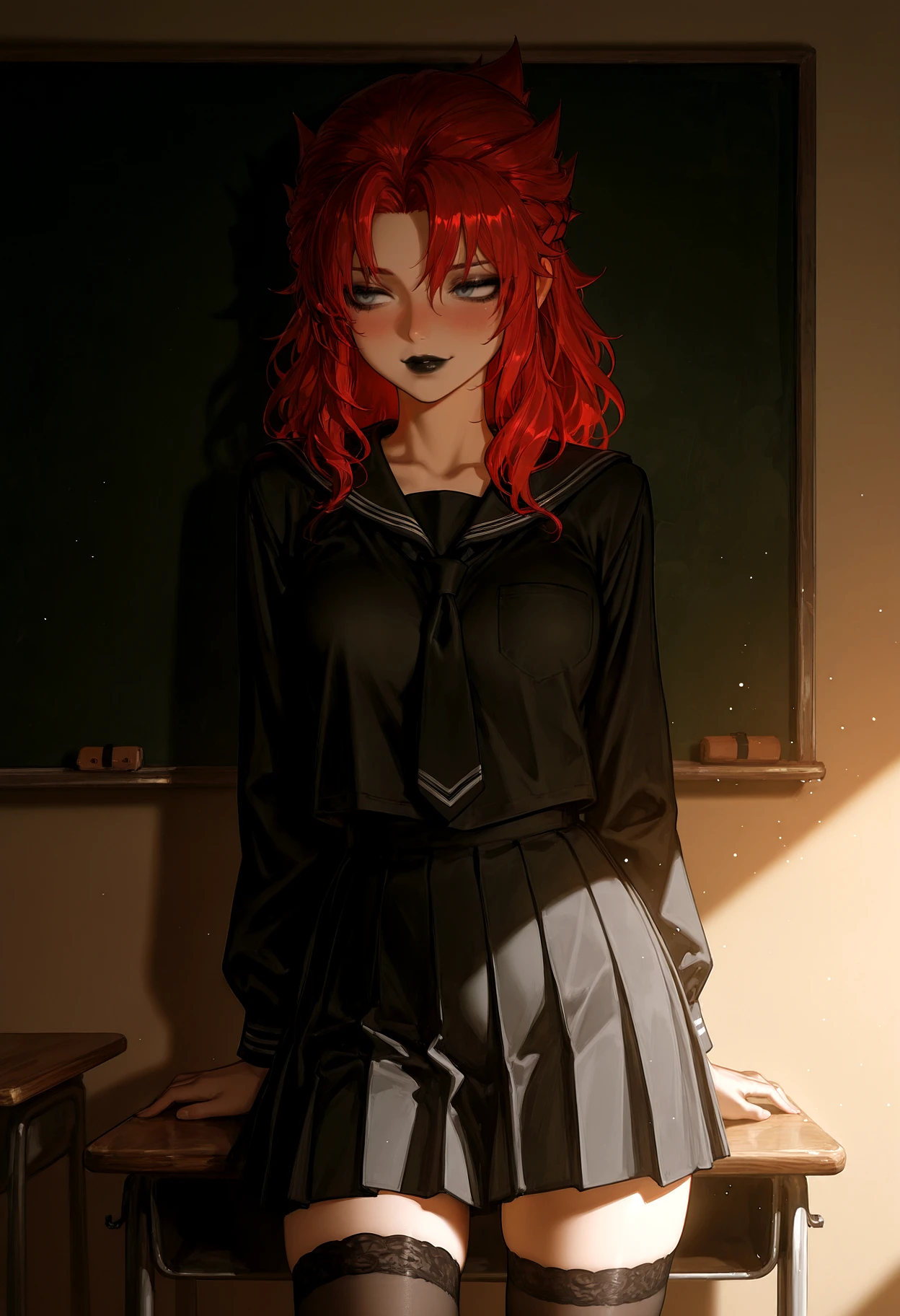 lightrays, dynamic angle, 1girl, drunk, tired, black makeup, looking away, black lips, voluptuous body, grey eyes, big lips, lipstick, red hair, stylized fantasy hair, braided crown, thick sculpted hair spikes, layered bangs, parted bangs, wearing school uniform, blouse, black shirt with black tie, long sleeves, black pleated skirt, stockings, indoor background, blackboard, classroom, desk, front view, smile, posing, sidelighting, <lora:IL\KMS_hair-005_stylized_fantasy_hair_with_braided_crown_IL-000019:1>