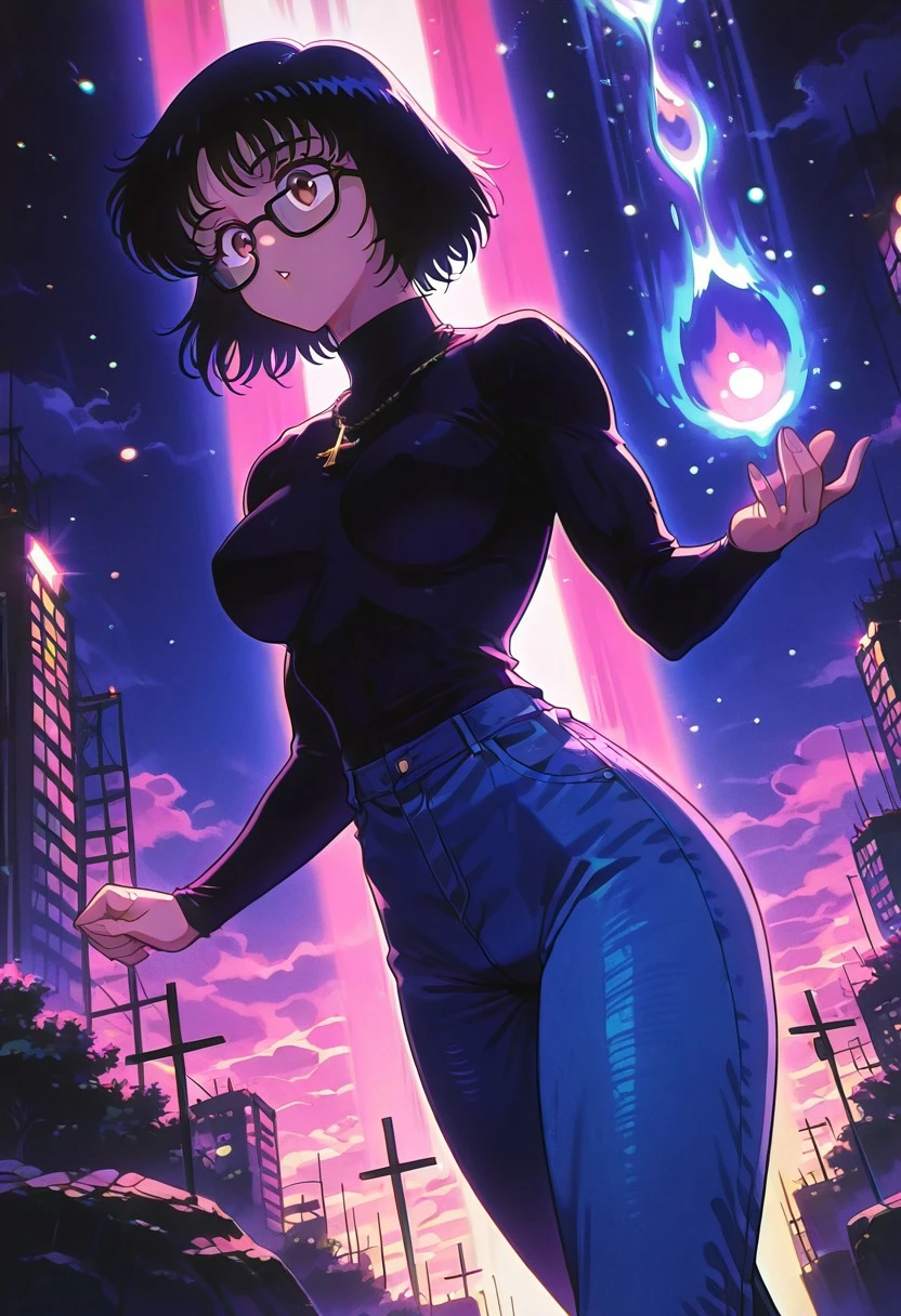 ShizukuMurasakiHxH, 1girl, solo, black hair, short hair, bangs, brown eyes, black-framed glasses, full lips, black turtleneck, necklace with reversed cross, large breast, slim waist, thick thighs, hourglass figure, blue denim pants, brown boots,
masterpiece, best quality, fine details, intricate details, depth of field, subsurface scattering, bokeh, ultra-detailed, very aesthetic, detailed background, newest, scenery, highres, absurdres, colorful, vibrant, glowing, perfect face, 2d, perfect eyes, vibrant saturated colors, volumetric lighting, sharp, detailed eyes, perfect anatomy, perfect face, perfect eyes, mature body, clear eyes, beautiful eyes, athletic, curvy body, athletic girl, perky tits, perfect tits, round breasts, pinup pose, teasing, lustful expression, perfect hands,
muscular female, dutch angle, dynamic pose,
,Smooth Negative, Smooth_Quality,
retro_celestial_scifi, retro artstyle