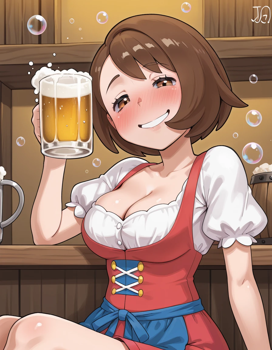 beer, beer mug, mug, alcohol, cup, holding cup, foam, 1girl, breasts, drunk, holding, drink, open mouth, drinking glass, solo, glass,disposable cup, large breasts, smile, looking at viewer, sitting, drinking straw,Tron Bonne (Mega man)