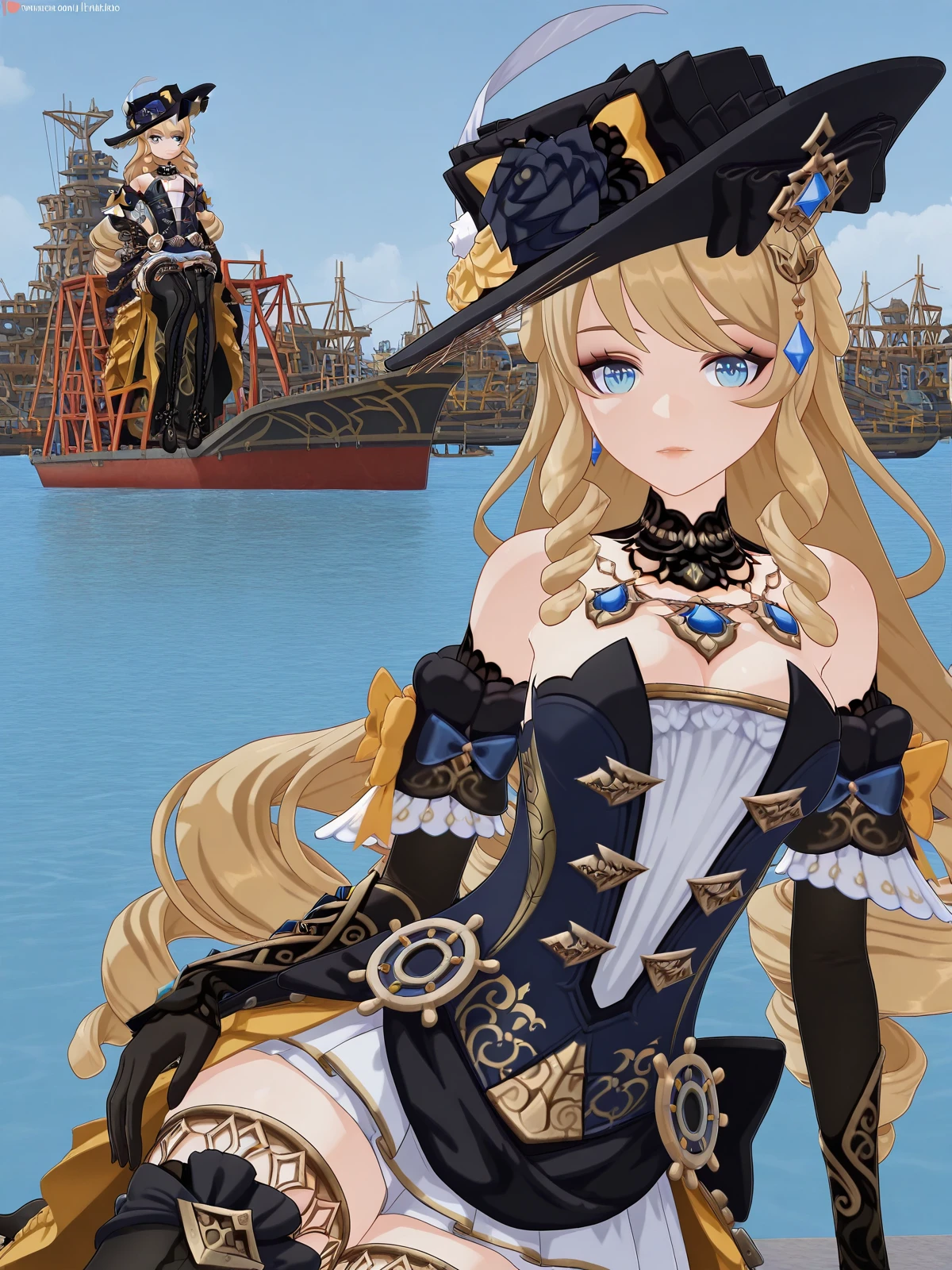 masterpiece, best quality, amazing quality,, <lora:genshin-navia-ingame-illustriousxl-lora-nochekaiser:1>, navia, navia (genshin impact), long hair, blue eyes, blonde hair, drill hair, mature female, , 3d,, gloves, hat, dress, jewelry, flower, detached sleeves, black gloves, elbow gloves, black headwear, hat flower, hat feather,, <lora:princess-leia-pose-illustriousxl-lora-nochekaiser:1>, princess leia pose, sitting, hand on own hip, on side,, drydock, repair, ships, water, construction, cowboy shot, solo, looking at viewer,