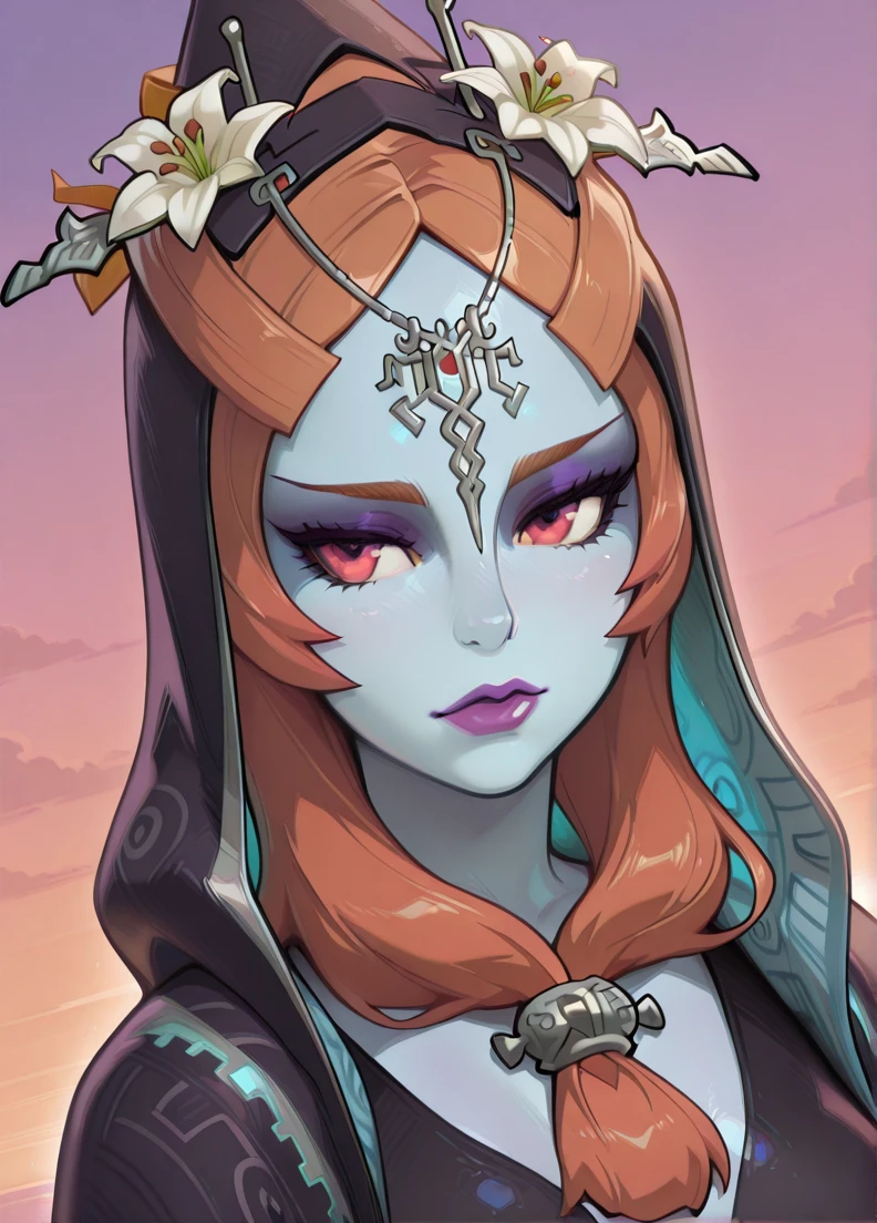 masterpiece, best quality, portrait of midna, dusk, full body, pelvic curtain, legs, slim, 1girl, breasts, colored sclera, blue skin, forehead jewel, front ponytail, grey skin, large breasts, lips, long hair, looking at viewer, midna, orange hair, solo, yellow sclera