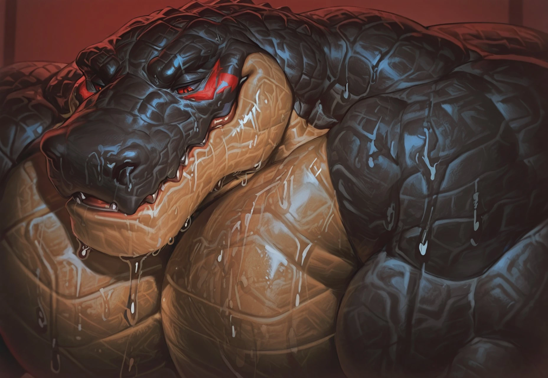 Solo, 1boys, big gator, Alligator, mature male,  muscles, nude, sweating body, close up, symetrical body,  perfect anatomy, scars, red eyes, 
BREAK,
masterpiece, best quality, amazing quality, very aesthetic, year 2024, newest, highres, absurdres, by honovy, Smo0thL1nes, biggat0r, 1ind0n9_2