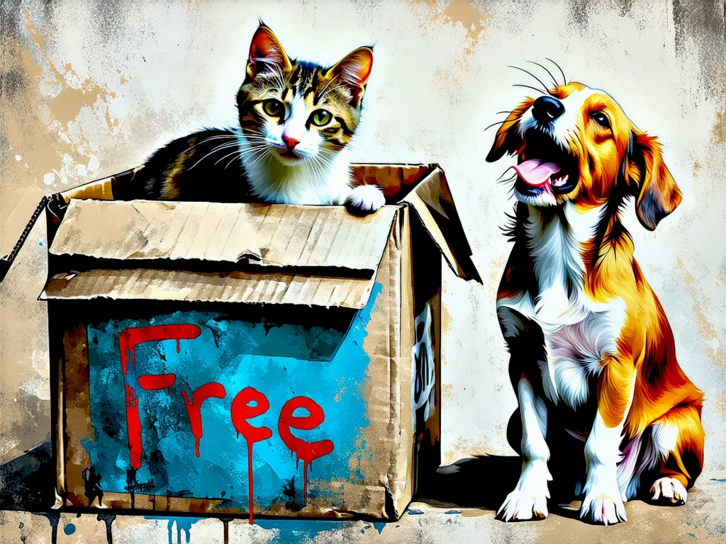 A grunge style painting.
A cat in a box with the word "Free" painted on the side. A dog sitting beside the box, laughing.
clrgrngeCE_style