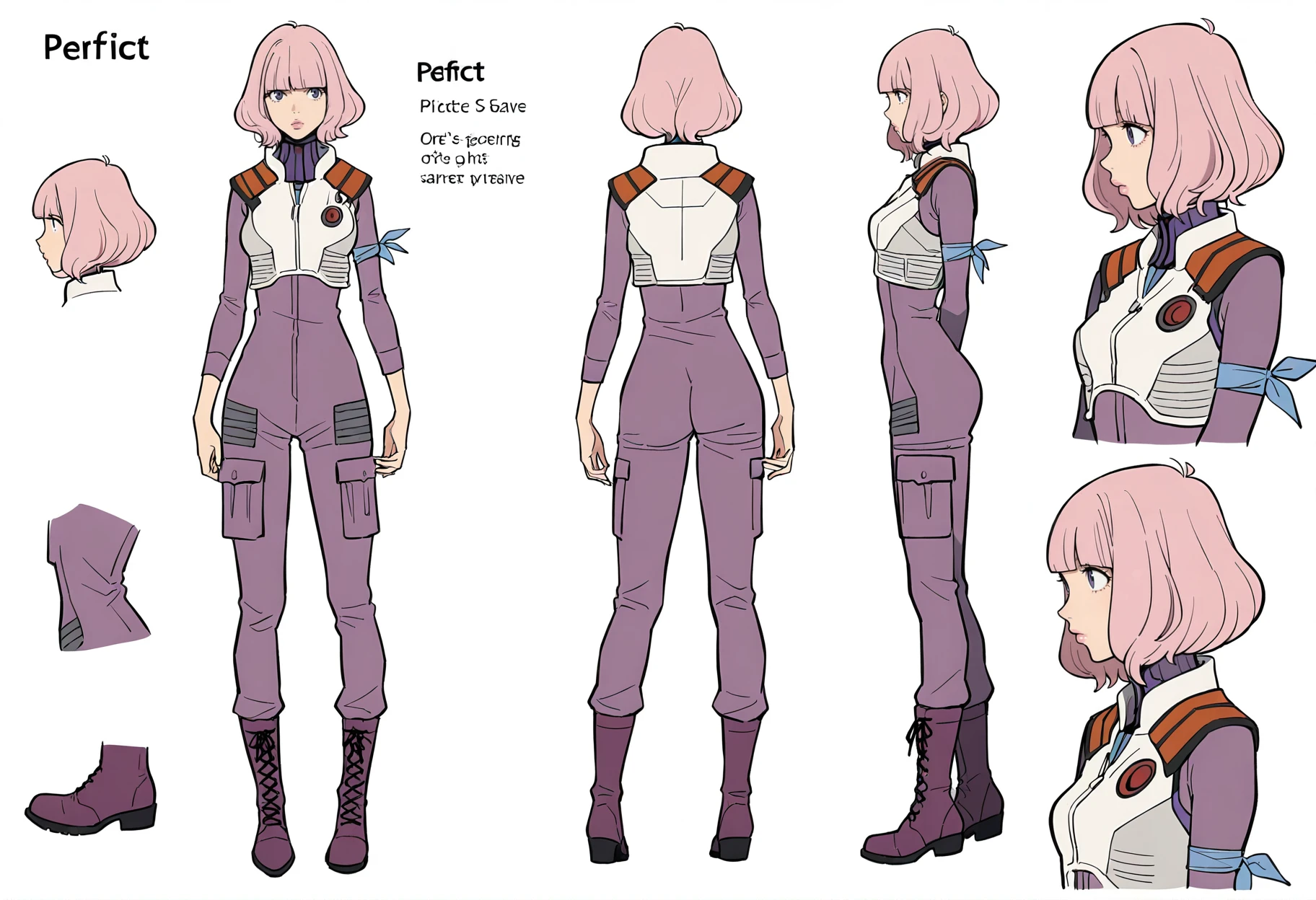 <lora:add-detail-xl:1>,masterpiece,best quality,absurdres,highres,detailed eyes,beautiful,detailed background,perfect eyes,realistic,solo,
character design sketch,white background,simple background,reference sheet,multiple views,character design,english text,
(front view:1.3),(from behind:1.3),(from side:1.3),(full body:1.3),upper body,lower body,cowboy_shot,portait,profile,
<lora:Midori_Kitakami:1>,1girl,pink hair,short hair,blue eyes,bangs,blunt bangs,bob cut,purple eyes,medium hair,pink lip,boots,cross-laced footwear,military,uniform,lace-up boots,purple footwear,vest,pilot suit,bodysuit,breasts,military uniform,purple bodysuit,white vest,ribbons,