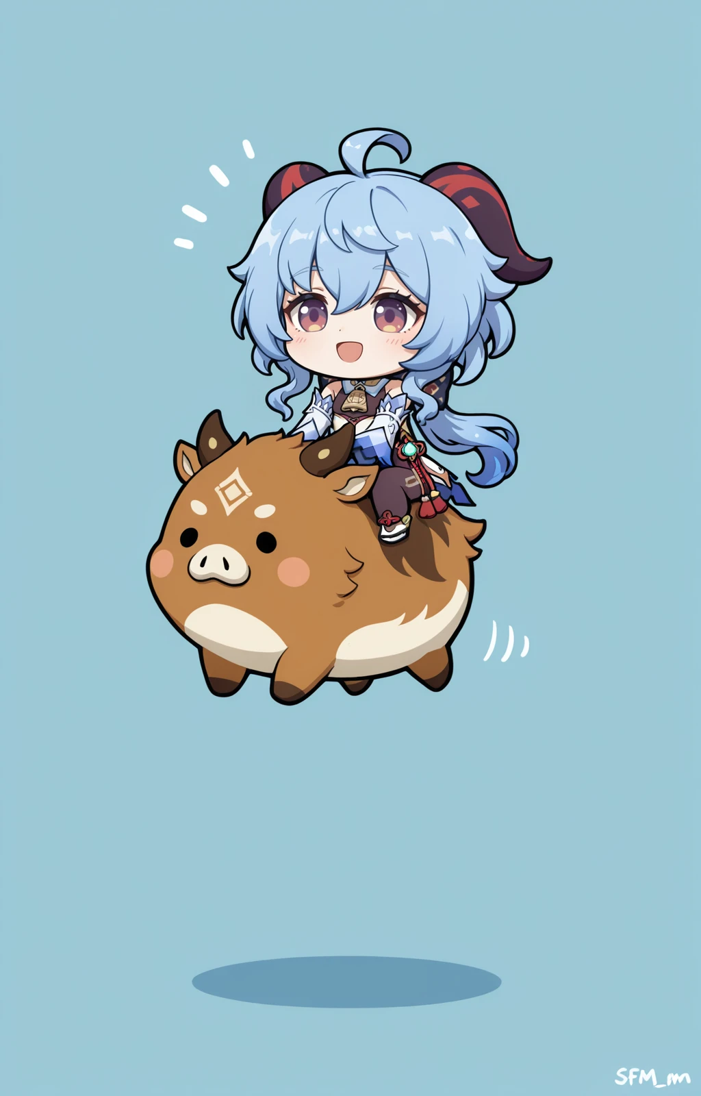 masterpiece, highres, greatscore, absurdres, ganyu_(genshin_impact), riding on boar, chibi, (chibi:1.2), full-body, simple background, happy, sfm