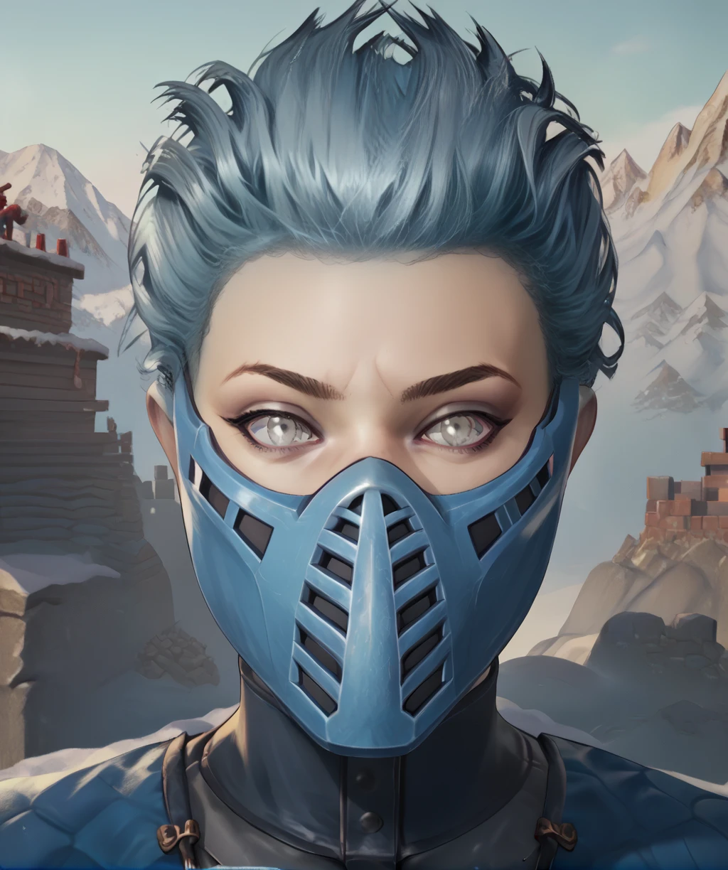 score_9, score_8_up, score_7_up, score_6_up, score_5_up, score_4_up,
frstmkxl, grey eyes, short hair, mouth mask,
blue bodysuit, gloves,
standing, upper body, looking at viewer,
winter, mountainous horizon,
<lora:FrostMk1xl-13v6c:1>,