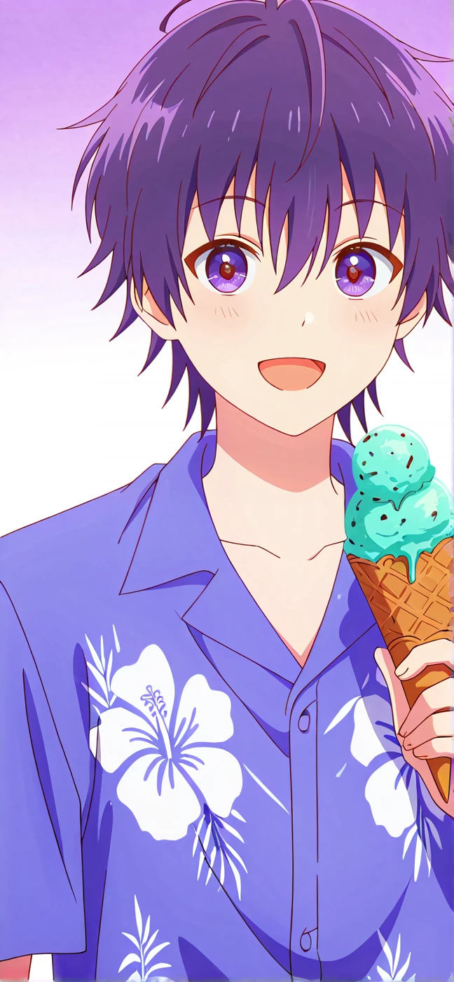 Anime boy with black hair and purple eyes in a blue hoodie , eating ice cream