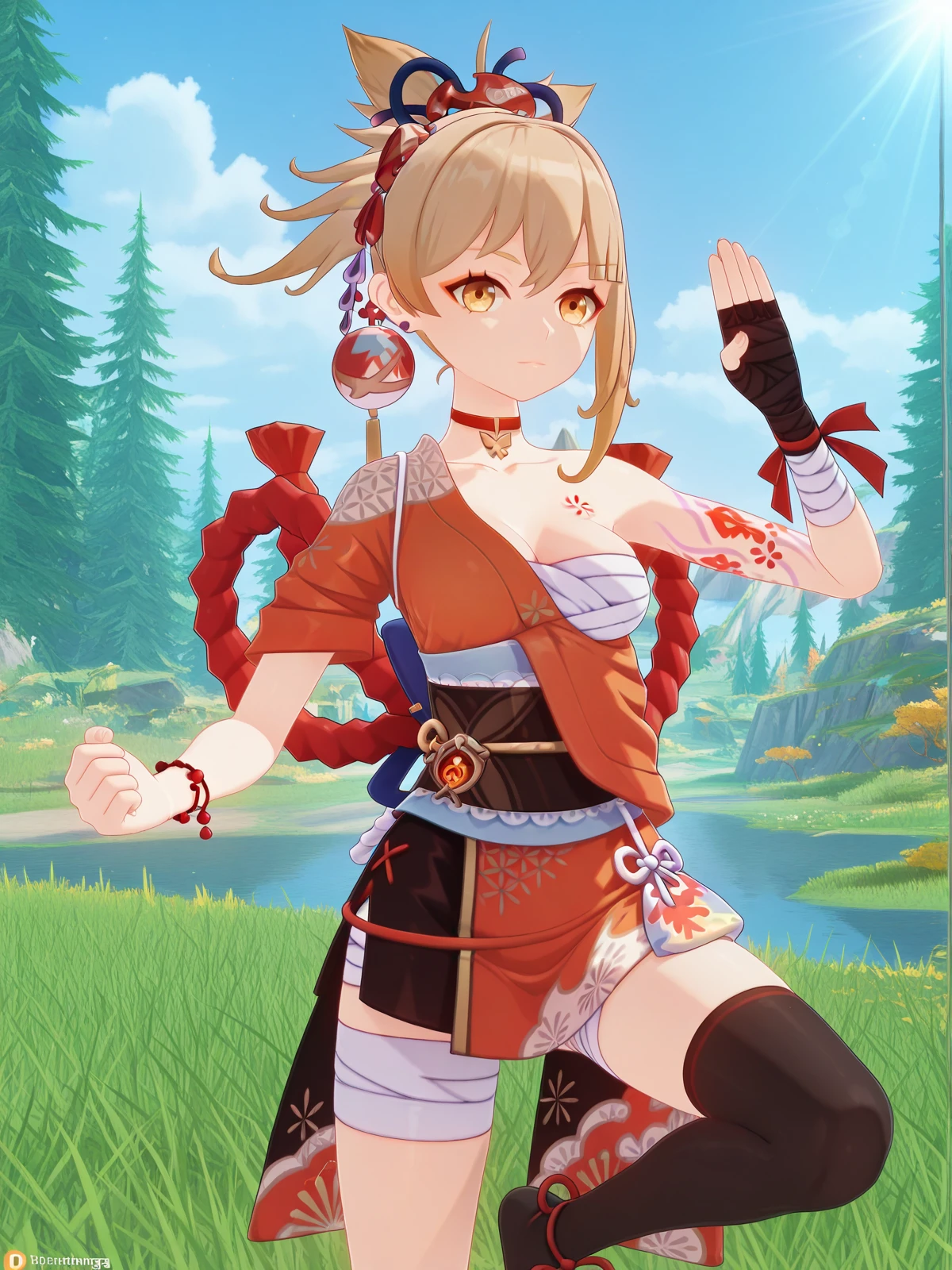 masterpiece, best quality, amazing quality,, <lora:genshin-yoimiya-ingame-illustriousxl-lora-nochekaiser:1>, yoimiya, yoimiya (genshin impact), bangs, blonde hair, hair ornament, hair between eyes, ponytail, sidelocks, orange eyes, light brown hair, mature female, medium breasts, 3d,, thighhighs, gloves, jewelry, japanese clothes, choker, fingerless gloves, kimono, bracelet, sash, tattoo, bandages, obi, rope, asymmetrical legwear, pouch, sarashi, bandaged arm, red choker, arm tattoo, shimenawa, bandaged leg, chest tattoo, hadanugi dousa, orange kimono, single fingerless glove,, <lora:kung-fu-illustriousxl-lora-nochekaiser:1>, kung fu, martial arts, training, fighting stance, cowboy shot, hand up, leg up, Outdoors, nature, scenery, open_space, sunlight, cowboy shot, solo, looking at viewer,