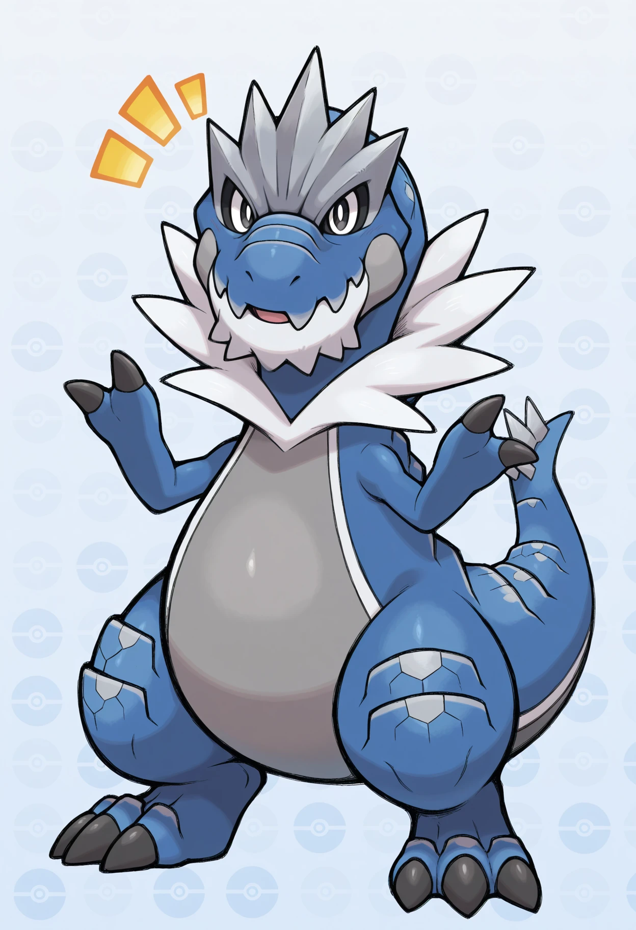 masterpiece, perfect quality, best quality, amazing quality, newest, very aesthetic, hi res, absurdres, anime coloring, official art,
male focus, 1boy, (solo:1.2), shiny-tyrantrum, chibi, feral, cute, pokemon \(species\), blue body, feral, dinosaur, pokeball background, waving, (2 fingers), full-length portrait, happy, facial hair, ^^