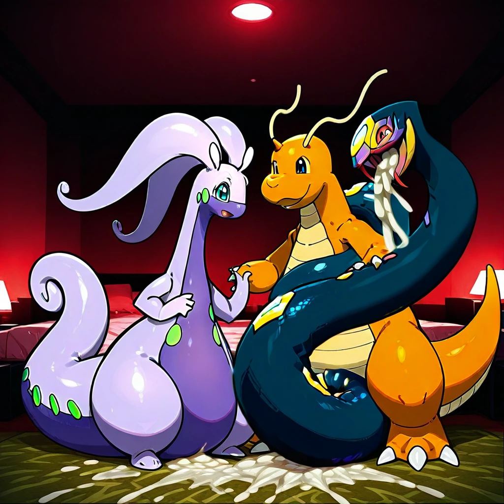 score_9, score_8_up, score_7_up, Gardevoir, Garchomp, long tongue, hyper tongue, thick tongue, (multi tongues:1.8), (length of hyper multi tongues are three times longer than whole the height:1.7), (hyper realistic smooth tongue texture:1.2), (licking each other:1.3), feral, duo, inside room