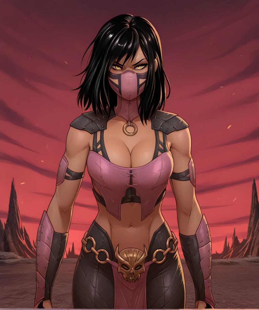 Mileena, black hair, yellow eyes, wide mouth, sharp teeth, extra teeth, exposed cheek, pink top, navel, cleavage,o-ring,leather armor, tight black pants,pelvic curtain, sash, looking at viewer, angry, dytnamic shot, holding knife, outside, field, cliff, ruins, apocalypse, high quality, masterpiece, <lora:Mileenamk10:.8>