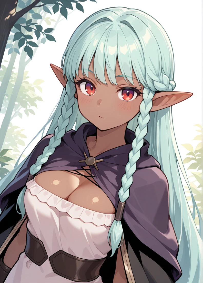 Close up portrait of one girl, elf, silver hair, red eyes, braid, leotard, hands on chest, puzzled, concept art, beautiful anime scene, best quality, 4K