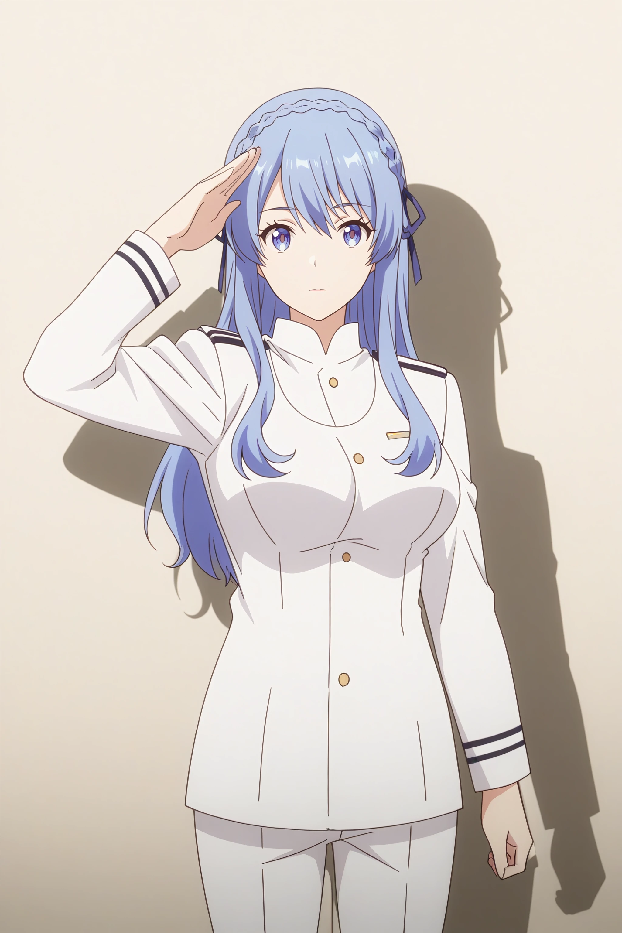 juna_doma_ilxl, militaryoutfit, 1girl, solo, blue hair, blue eyes, long hair, braid, salute, uniform, crown braid, white military uniform, military, long sleeves, looking at viewer, white jacket, french braid, bangs, sidelocks, cowboy shot, white pants,
<lora:XL-JunaDoma-ILXL:1>, (masterpiece),(best quality),(ultra-detailed),(best illustration),(best shadow),(absurdres),(detailed background),(very aesthetic),