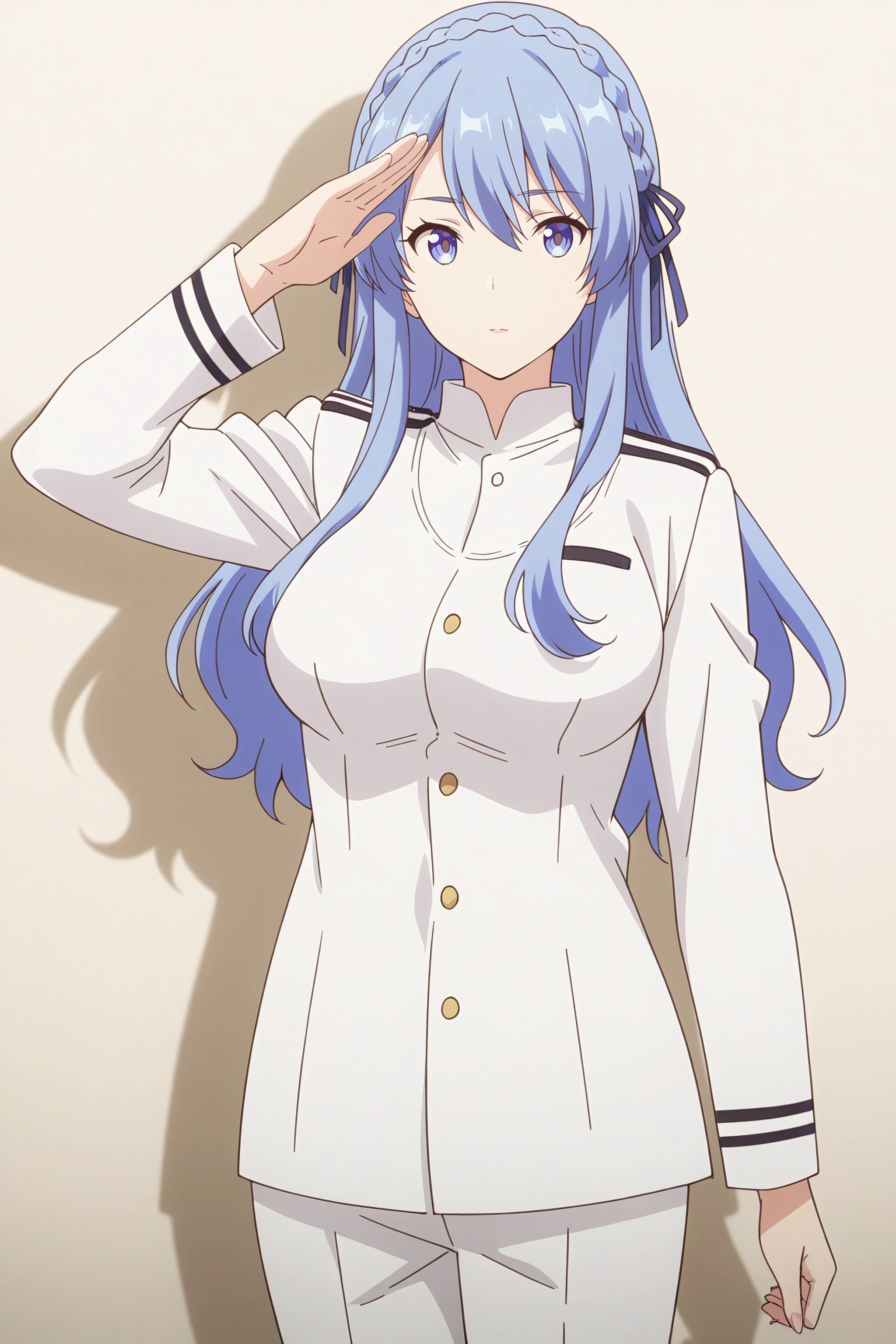 juna_doma_ilxl, militaryoutfit, 1girl, solo, blue hair, blue eyes, long hair, braid, salute, uniform, crown braid, white military uniform, military, long sleeves, looking at viewer, white jacket, french braid, bangs, sidelocks, cowboy shot, white pants,
<lora:XL-JunaDoma-ILXL:1>, (masterpiece),(best quality),(ultra-detailed),(best illustration),(best shadow),(absurdres),(detailed background),(very aesthetic),