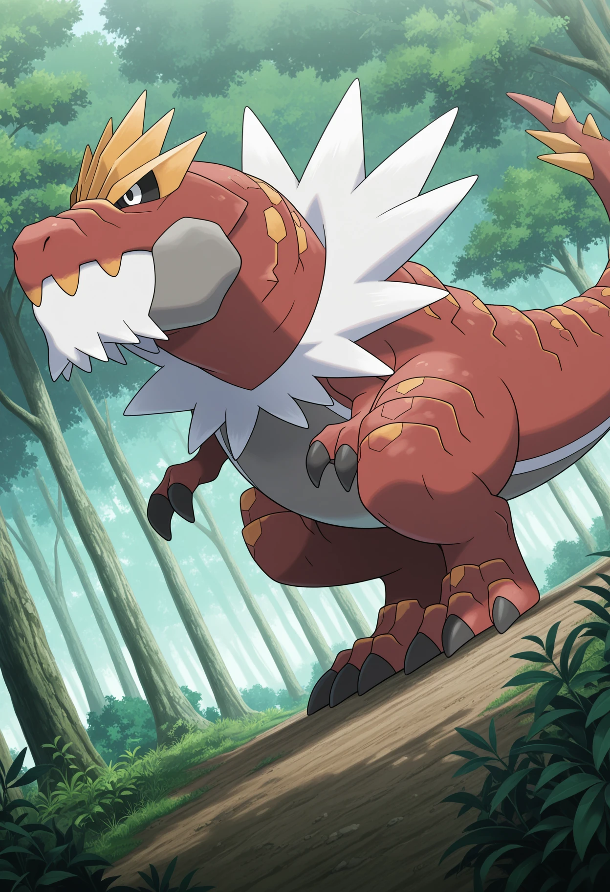 masterpiece, perfect quality, best quality, amazing quality, newest, very aesthetic, hi res, absurdres, anime coloring, official art,
male focus, 1boy, solo, tyrantrum, feral, pokemon \(species\), red body, 2 fingers, outside, nature, (side view:0.6), looking away, dutch angle, bent over