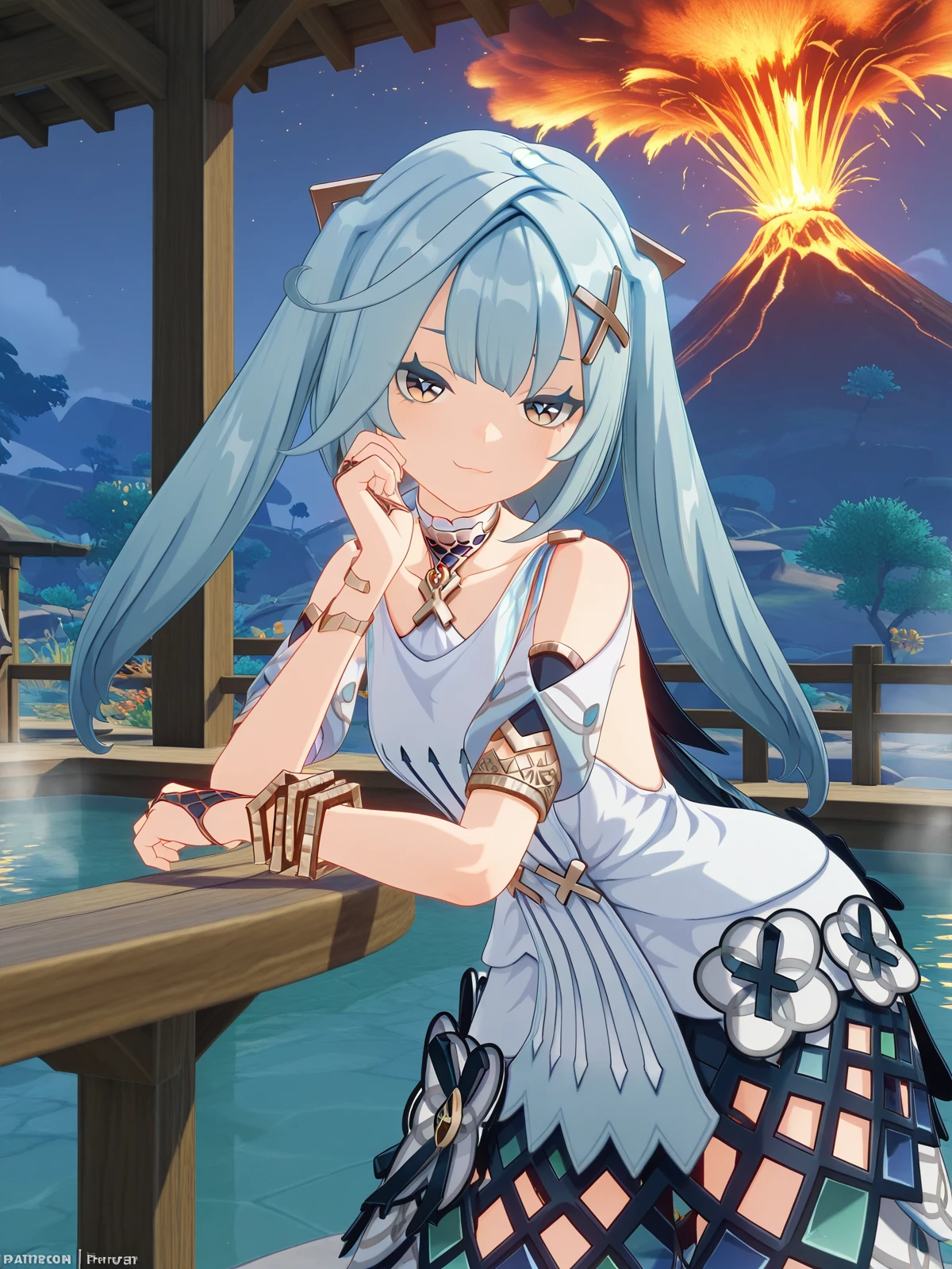 masterpiece, best quality, amazing quality,, <lora:genshin-faruzan-ingame-illustriousxl-lora-nochekaiser:1>, faruzan, faruzan (genshin impact), long hair, bangs, hair ornament, twintails, blue hair, ahoge, aqua hair, x hair ornament, cowlick, mature female, small , 3d,, dress, jewelry, white dress, bracelet, shoulder cutout,, , smug,, geyser, steam, water, hot_spring, eruption, cowboy shot, solo, looking at viewer,