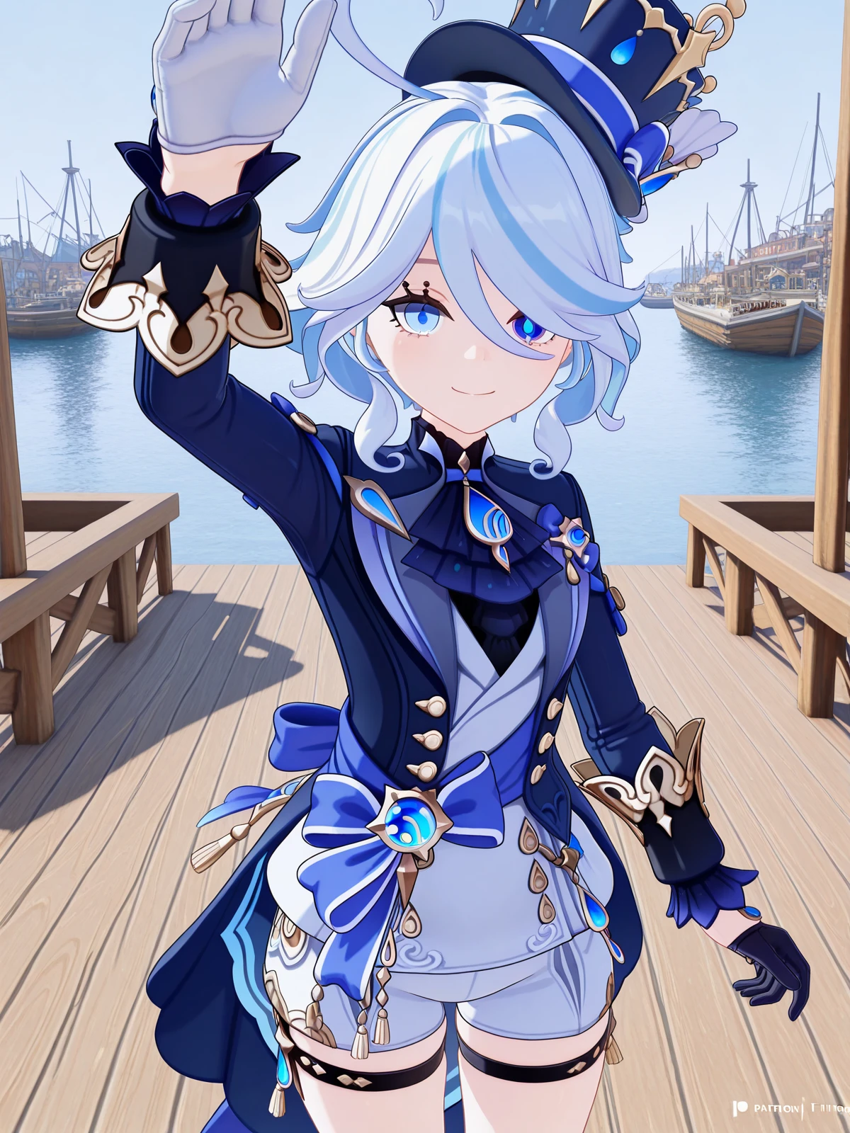 masterpiece, best quality, amazing quality,, <lora:genshin-furina-ingame-illustriousxl-lora-nochekaiser:1>, furina, furina (genshin impact), blue eyes, blue hair, cowlick, ahoge, hair over one eye, light blue hair, short hair, mature female, small breasts, 3d,, asymmetrical gloves, black gloves, frills, gloves, half gloves, hat, shorts, tailcoat, thigh strap, top hat, white gloves, white shorts,, <lora:incoming-headpat-illustriousxl-lora-nochekaiser:1>, incoming headpat, headpat, pov, outstretched arm, reaching, reaching towards viewer, looking at viewer, smile, cowboy shot, harbor, boats, water, dock, trade, cowboy shot, solo, looking at viewer,