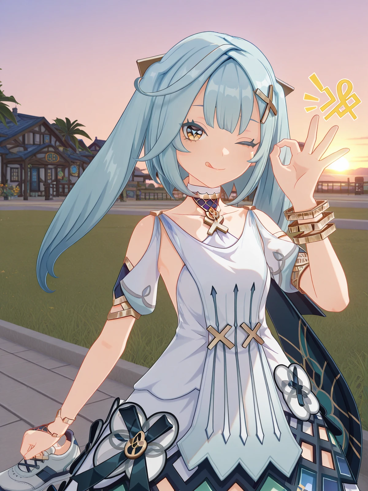 masterpiece, best quality, amazing quality,, <lora:genshin-faruzan-ingame-illustriousxl-lora-nochekaiser:1>, faruzan, faruzan (genshin impact), long hair, bangs, hair ornament, twintails, blue hair, ahoge, aqua hair, x hair ornament, cowlick, mature female, small , 3d,, dress, jewelry, white dress, bracelet, shoulder cutout,, <lora:money-gesture-illustriousxl-lora-nochekaiser:1>, money gesture, smile, tongue out, looking at viewer, money eyes, sparkling, ok sign, one eye closed, upper body, money, yen sign, dollar sign, hand up,, suburban neighborhood, morning jog, earphones, running shoes, fresh air, sunrise, cowboy shot, solo, looking at viewer,