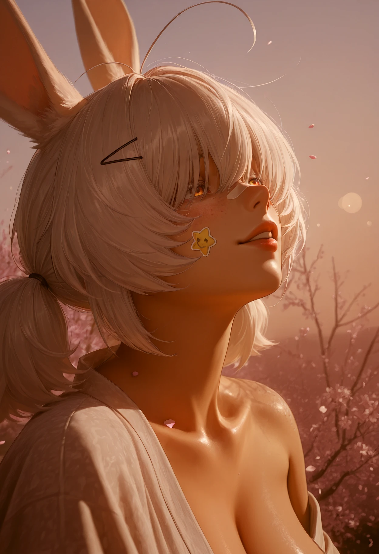 portrait, wide angle, dynamic angle, from side, three quarter view, breast focus, solo, freckles, sticker on face, heart, star (symbol), emoji, sticker, nose stickers, face stickers, white makeup, shimmering makeup, sparkling markeup, mascara, makeup art, face tattoos, sticker on face, hairclip, cheek stickers, nose stickers, nose bandaid, bandaid on cheek, sticker, emoji, excessive stickers, blush stickers, thick lips, plump lips, parted lips, cnd, rabbit girl, rabbit ears, white hair, short twintails, big hair, bob cut, curled tips, choppy bangs, prominent ahoge, (hair antenna), hair over eyes, hair covering eyes, colored eyelashes, two-tone eyes, red eyes, orange eyes, heterochromia, red eyes, yellow eyes, multicolored eyes, gigantic breasts, plump, kimono, one shoulder exposed, heavy breasts, sagging breasts, sakura tree branch, sakura blossoms, floating, bright sunlight, dappled light, blurry sky background, falling petals, flower, blurry foreground, drunk, seductive, looking away, seductive smile, bedroom eyes, seductive eyes, half closed eyes, looking up, golden hour, outside, day, sidelighting, haze, fog, depth of field, bokeh, blur, high contrast, <lora:IL\KMS_hair-004_short_twintails_bob_cut_IL-000019:1> <lora:IL\dawnfall_style_v01-000007:1>