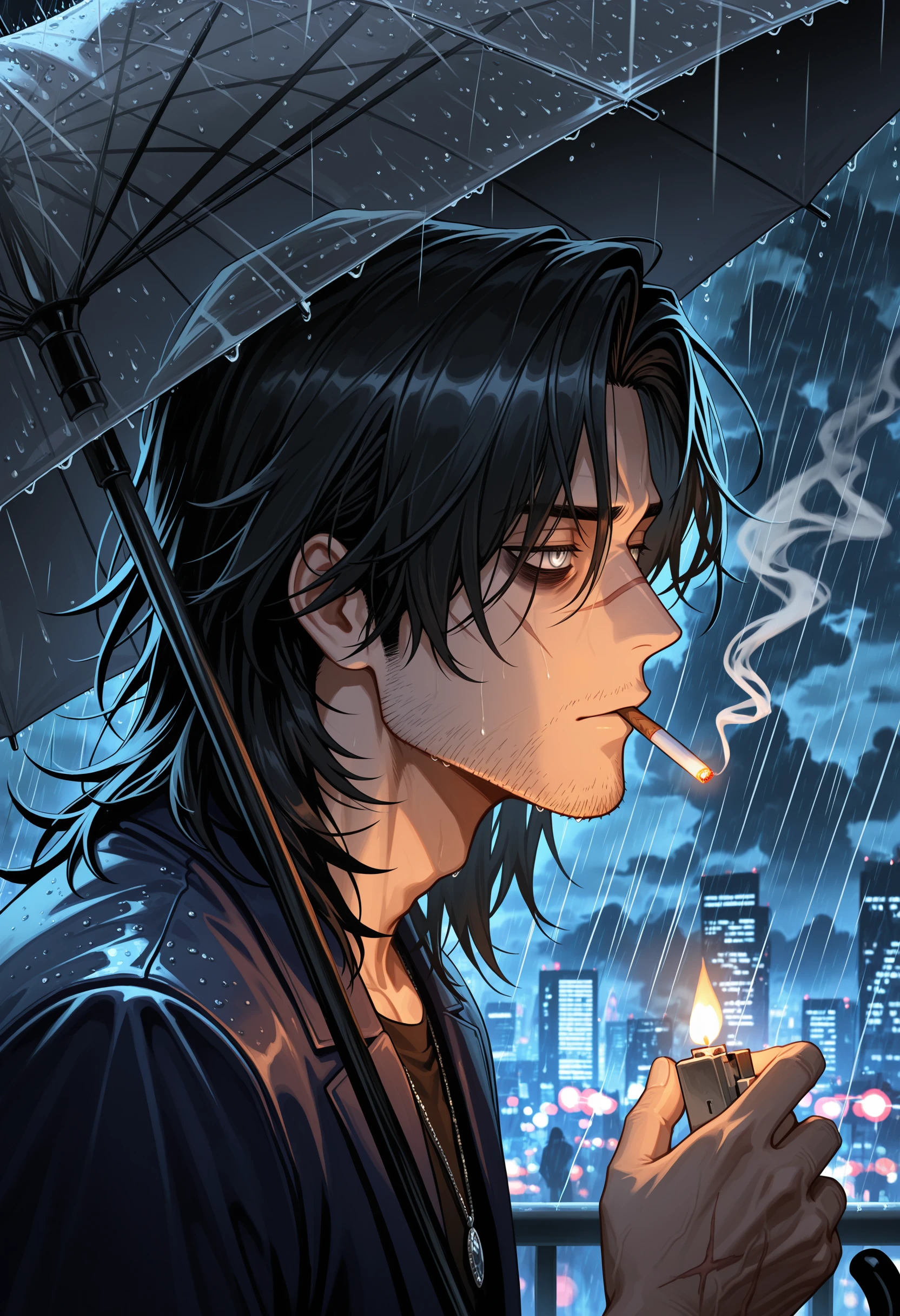 unholy-aesthetic,masterpiece,best quality,amazing quality,very aesthetic,absurdres,ultra detailed face,ultra detailed eyes, from side, face focus, 1boy, adult male, silver eyes, scattered hair, hair strands, medium hair, black hair, scar over nose, stubble, solo, detailed face, aesthetic clothes, dark blue jacket, necklace, melancholic expression, bags under eyes, holding umbrella, under umbrella, cigarette in mouth, holding lighter, lighting cigarette, night, cityscape, (raining, heavy rain), storm clouds, dynamic lighting, Smooth Quality