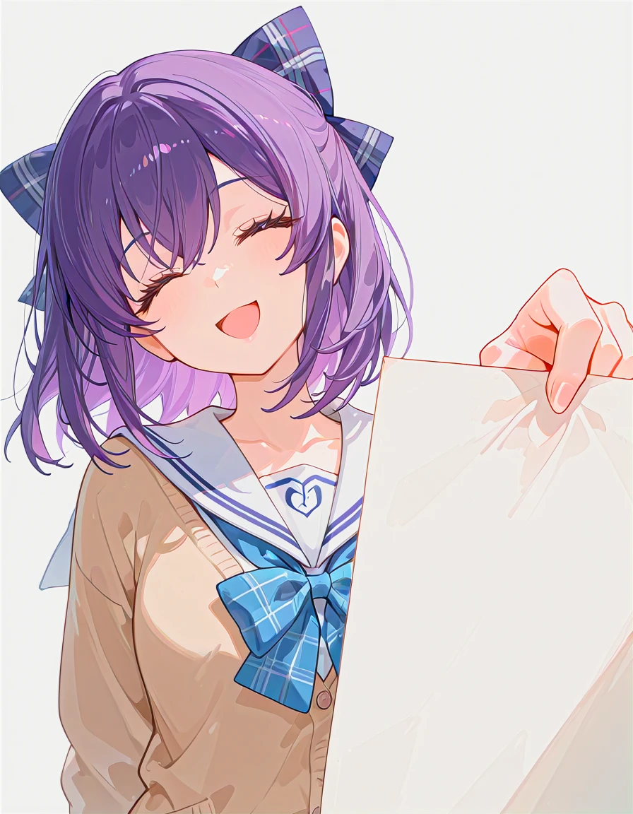 masterpiece, best quality, anime coloring, contrapposto, <lora:LECO_BadHands:1>, <lora:eyelashext_v10:0.6>, <lora:thick_eyelashes_illustrious_20K-000017:0.4>, thick eyelashes, lipgloss, [photo background::0.5], blurry foreground BREAK 1girl, kouzuki mio, purple hair, medium hair, back hair bow, large bow, blue plaid bow, brown cardigan, neck bow, serafuku upper body, smile, open mouth, closed eyes, looking at viewer, presenting paper, reaching towards viewer, <lora:presenting_paper-000017:1>, simple background, white background