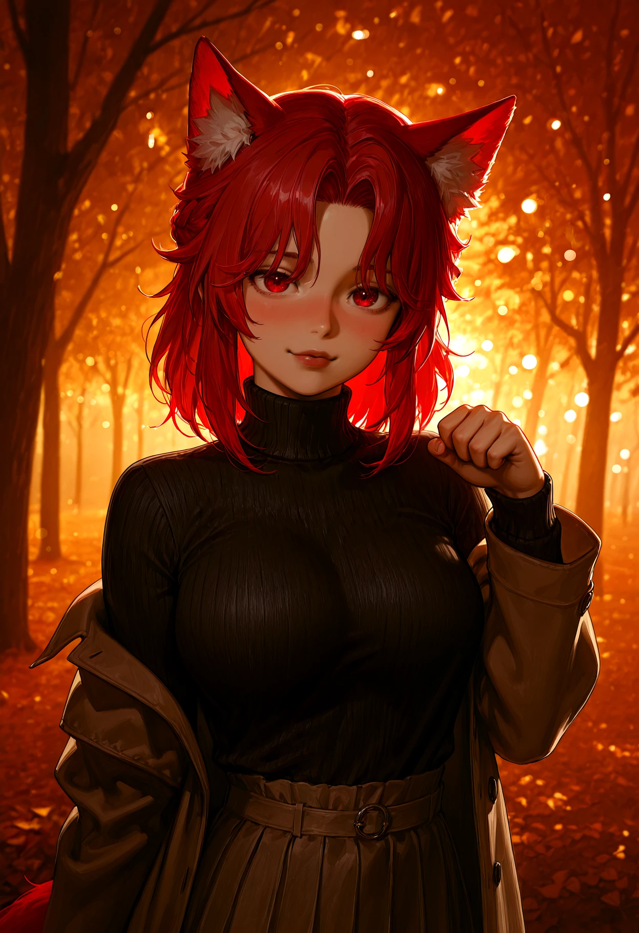(2d, anime), 1girl, fox ears, huge ears, ear fluff, fox tail, autumn, autumn leaves, black sweater, stylized fantasy hair, braided crown, thick sculpted hair spikes, layered bangs, parted bangs, , brown coat, brown skirt, coat, , leaf, leaf background, long sleeves, looking at viewer, medium hair, off shoulder, orange background, red eyes, red hair, ribbed sweater, skirt, soft smile, drunk, plump lips, thick lips, tired, solo, sweater, bangs, turtleneck, turtleneck sweater, upper body, paw pose, sidelighting, haze, fog, day, depth of field, bokeh, blur, high contrast, <lora:IL\KMS_hair-005_stylized_fantasy_hair_with_braided_crown_IL-000019:1> <lora:IL\dawnfall_style_v01-000007:1>