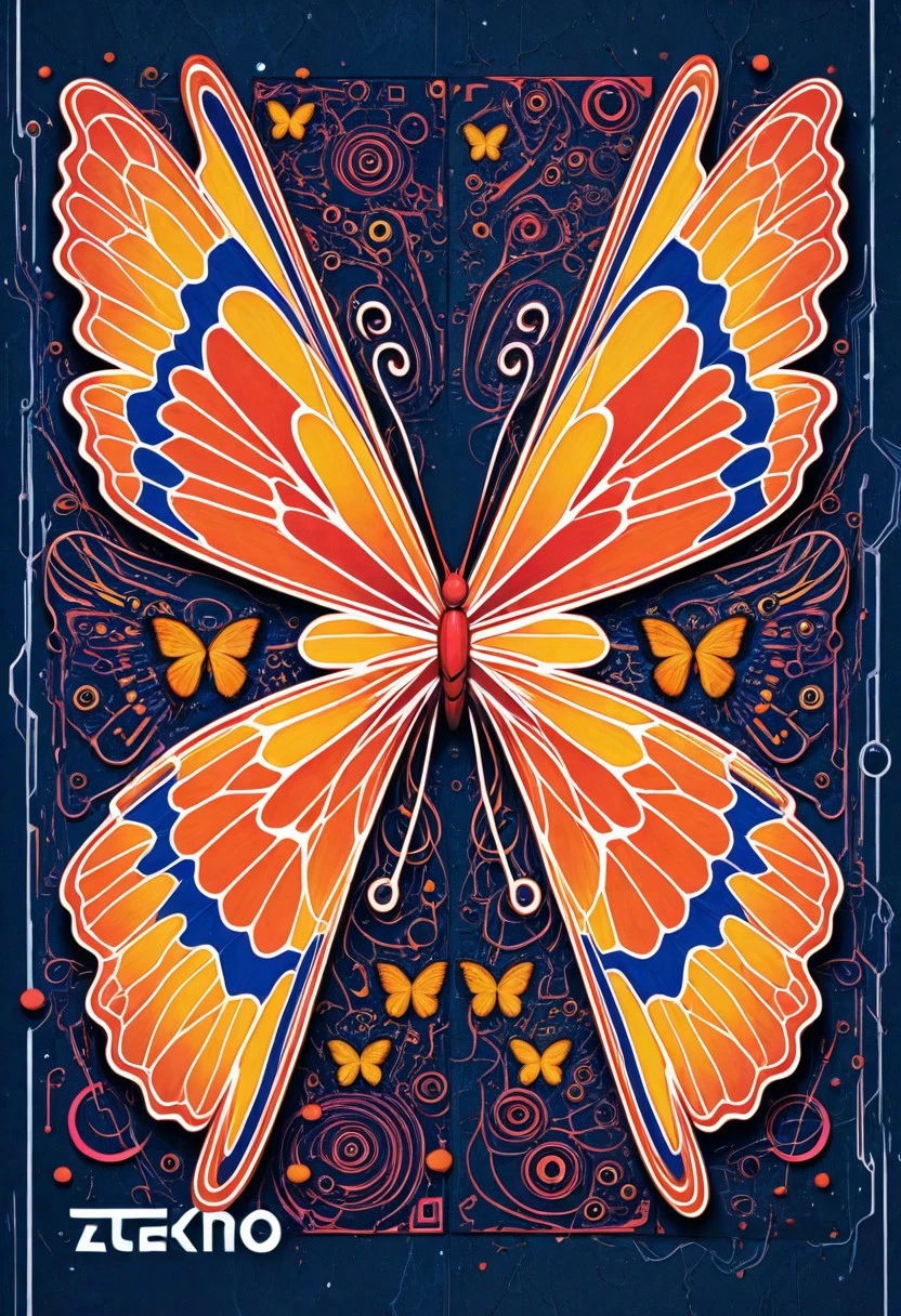 butterfly wings, dual human faces, wireframe outline, symmetrical composition, colorful geometric patterns, yellow orange wing spots, textured photographic elements, abstract collage style, surreal metamorphosis concept, mixed media aesthetic, contemporary art poster, experimental design, artistic transformation theme.
ztekno artwork