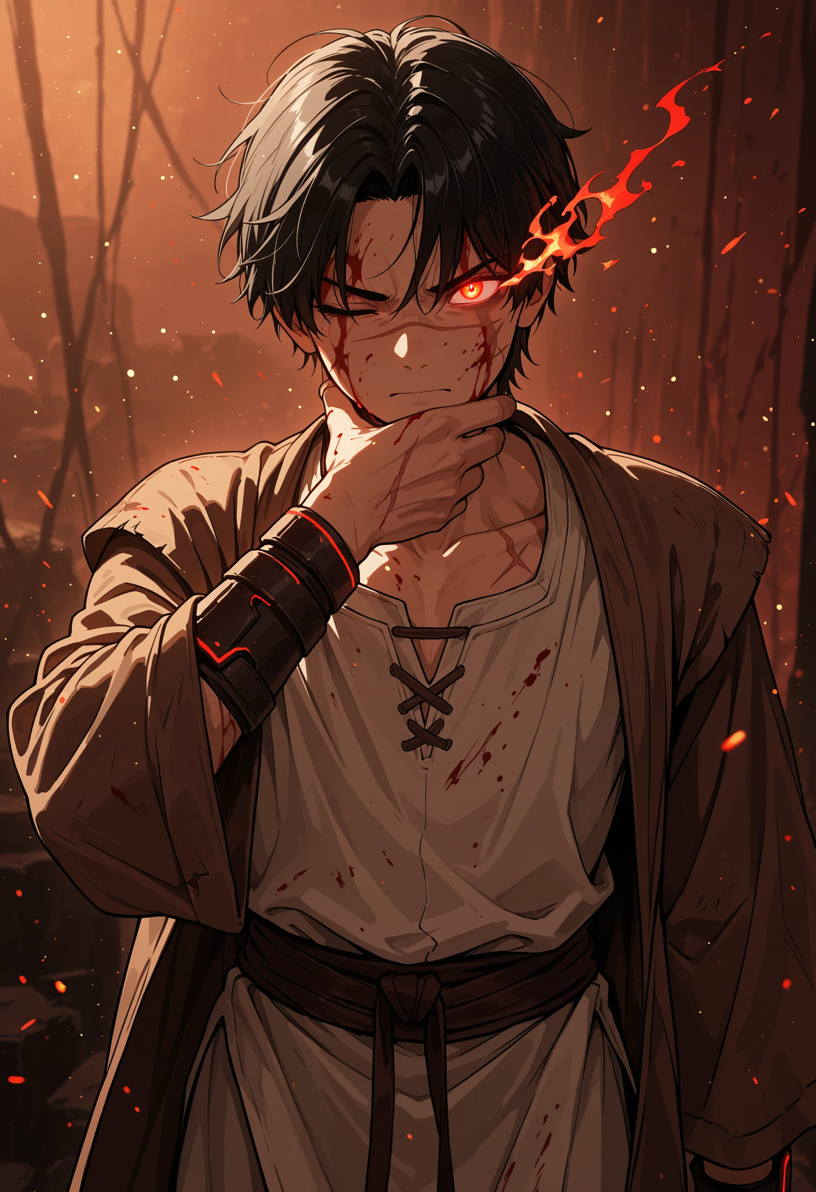 masterpiece, best quality, amazing quality, very aesthetic, absurdres, newest, (anime coloring),
solo, 1boy, black hair, one eye closed, detailed eyes, glowing eyes, scar on face, blood on face, blood splatter, (jedi tunic, white tunic), brown robe, red neon trim, red fire embers, light particles, looking at viewer, serious expression, intense gaze, cowboy shot,