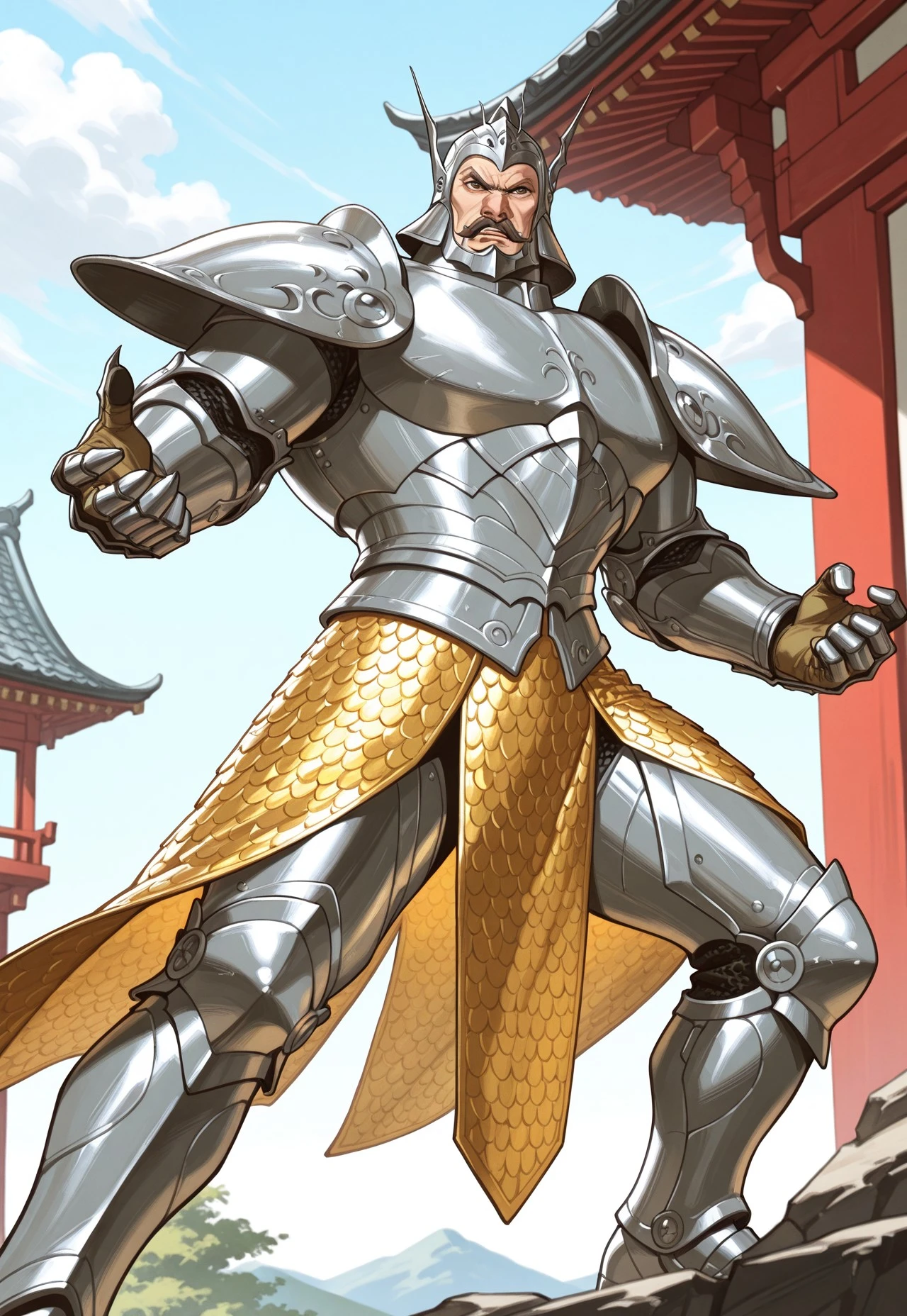 core_8_up,score_7_up,score_6_up, 
 full-length portrait, dynamic pose,Standing,Fighting Stance,
BREAK
mature male, Thick eyebrows, Perfect hands,Five fingers,tlarger men, Big body, broad shoulders,stocky_body,1boy,(middle-aged), 
t1e_kuang_tu,facial hair,mustache,helmet,armor,yellow Aventail,full armor,shoulder armor,yellow Mail skirt,Armored boots,gloves,Retracted claws,
BREAK
Outdoor, Chinese architecture,
BREAK
looking at viewer,Serious, angry, frowning,
BREAK 
very awa, masterpiece, best quality, absurdres, newest, perfect quality, detailed background, intricate details,good quality,
holoed3n,w0lfc0nf,