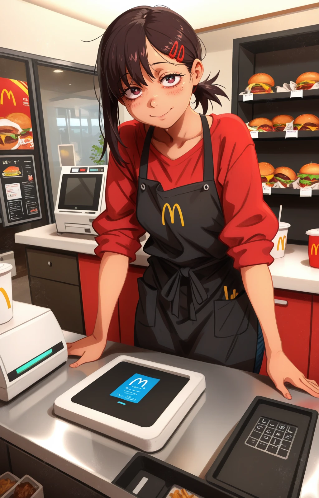 (masterpiece,best quality,amazing quality:1.2),very aesthetic,absurdres,highres,newest,ray tracing,attentive,8k,original,HDR colours,raw, khyle, solo, higashiyama kobeni, mcdonald's, black_apron, red shirt, looking at viewer, light smile, cash register, standing,