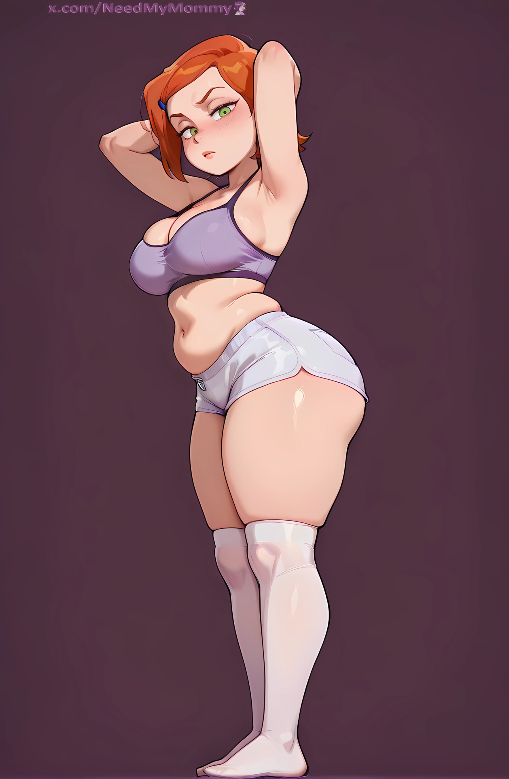 ,cassie, makeup purple eyeshadow red shirt shorts sneakers Extra large breasts breast enlargement full-body shot