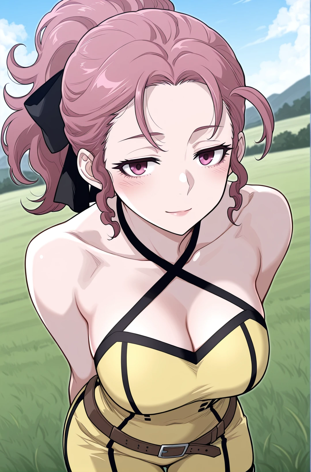 ((masutepiece, Best Quality, hight resolution, nffsw, Perfect Pixel, depth of fields, 4K, )), 1girl in, Solo, , Beautiful anime girl, Beautiful Art Style, close up, Looking at Viewer, Perfect body, Yuigahama Yui, Short hair, pink hair, hairbun, (large boob), sitting, black playboy bunny outfit, smile, hands on knees, blank white background