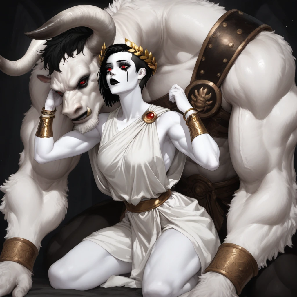 masterpiece, best quality, newest, absurdres, highres, BBFV1M, minotaur, furry, size difference, furry with non-furry, interspecies, 1boy, furry male, 1girl, pale, white skin, colored skin, makeup, black makeup, black lips, eye shadow, ancient greek clothes, side cut, sleeveless, armor bracelet, short hair, tomboy, toned, muscular female, laurel crown, red eyes, black hair,