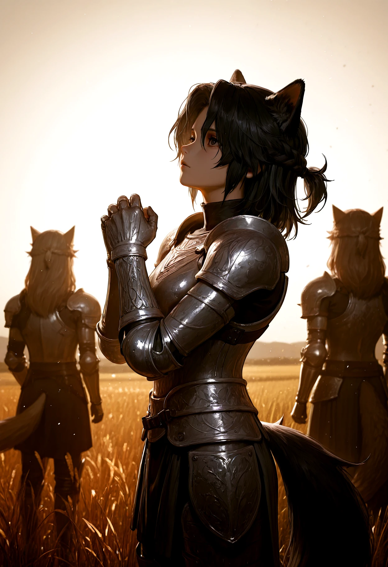 lightrays, from side, female, black hair, stylized fantasy hair, braided crown, thick sculpted hair spikes, layered bangs, parted bangs, dog ears, ear tufts, fluffy tail, big tail, (armor:1.5), faulds, armored gloves, vambraces, armored pants, (ornate:1.5), white, praying, looking up, outside, tall grass, field, sky, backlighting, reflections, <lora:IL\KMS_hair-005_stylized_fantasy_hair_with_braided_crown_IL-000019:1> <lora:IL\dawnfall_style_v01-000007:1>