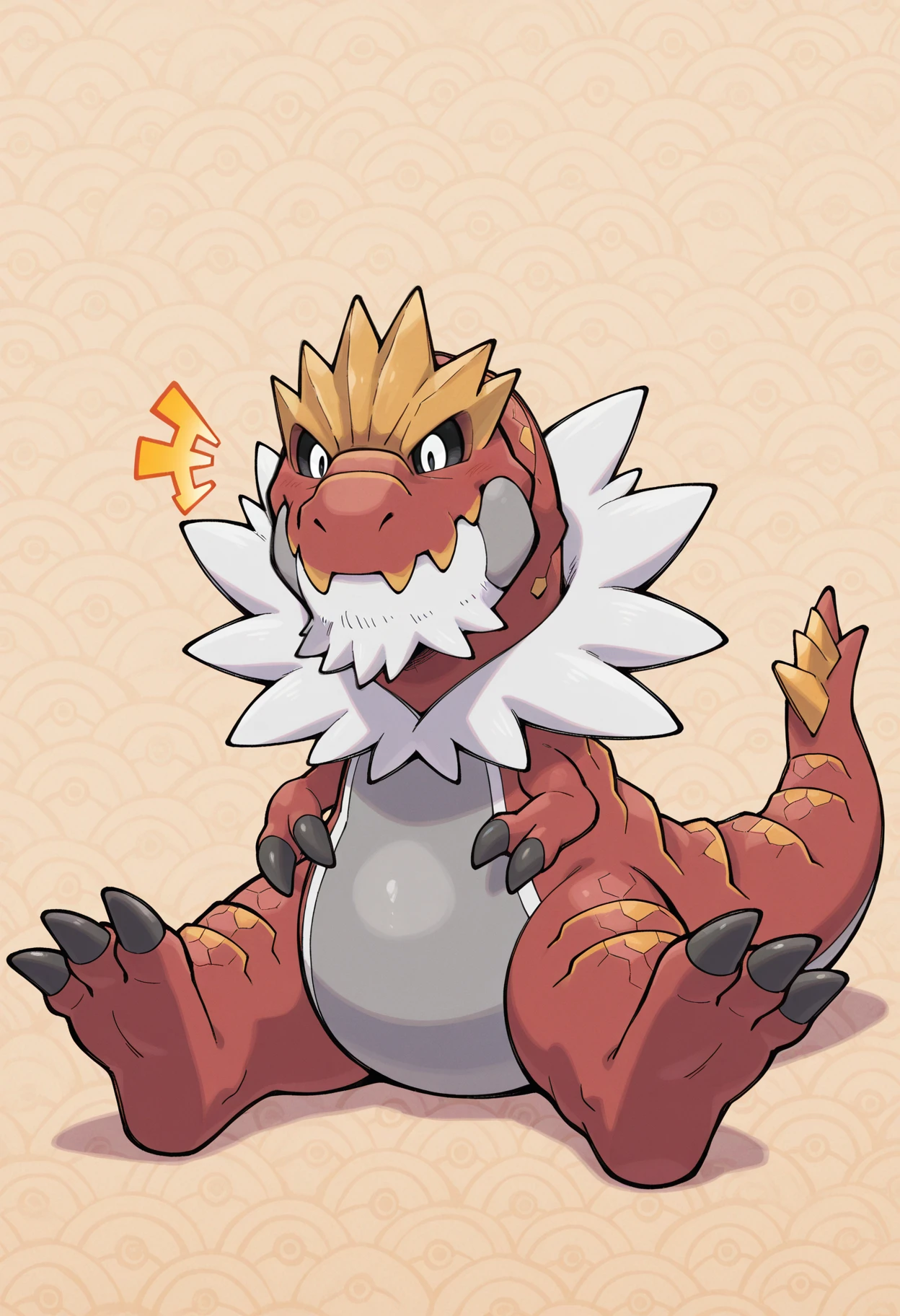 masterpiece, perfect quality, best quality, amazing quality, newest, very aesthetic, hi res, absurdres, anime coloring, official art,
male focus, 1boy, (solo:1.2), tyrantrum, chibi, cute, pokemon \(species\), red body, feral, dinosaur, pokeball background, close-up, sitting on ground, (2 fingers), outstretched legs, full-length portrait, happy, facial hair, ^^