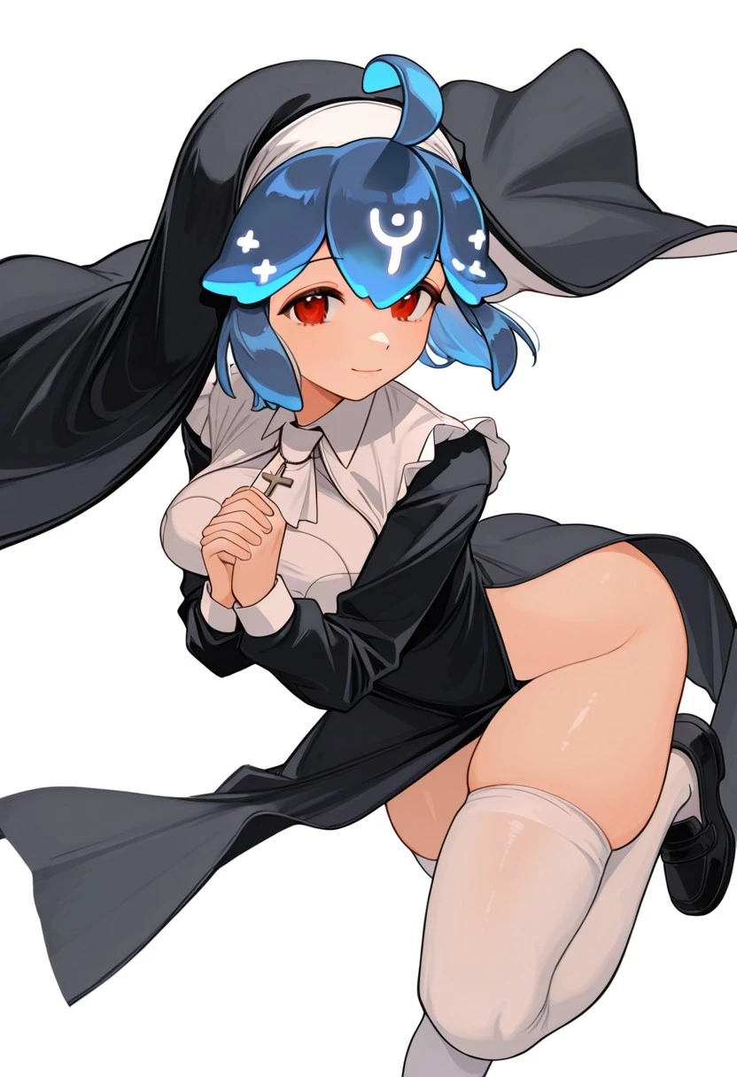 score_9, score_8_up, score_7_up, score_6_up, masterpiece, best quality, very awa, beautiful eyes, arkevil, simple background, white background, Dynamic angle, dynamic pose, 1girl, solo, looking at viewer, light smile, beautiful eyes,  
Bao, blue hair, red eyes, short hair,
nun, nun's habit, Ahoge, cross necklace, side slits, Thighhighs, white thighhighs, shoes, black shoes, ,