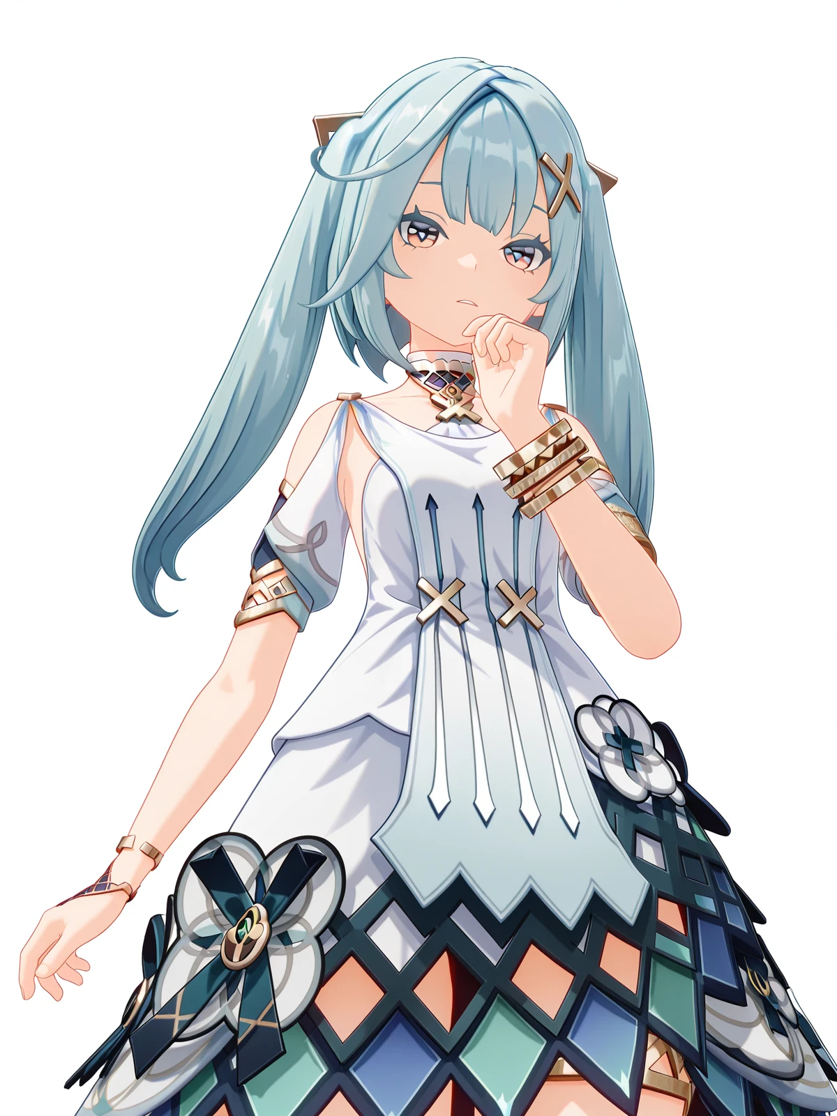 masterpiece, best quality, amazing quality,, <lora:genshin-faruzan-ingame-illustriousxl-lora-nochekaiser:1>, faruzan, faruzan (genshin impact), long hair, bangs, hair ornament, twintails, blue hair, ahoge, aqua hair, x hair ornament, cowlick, mature female, small , 3d,, dress, jewelry, white dress, bracelet, shoulder cutout,, from below, nuclear powerplant, radiation, cooling_towers, danger, energy, cowboy shot, solo, looking at viewer, <lora:transparent-background-illustriousxl-lora-nochekaiser:1>, transparent background, simple background, white background