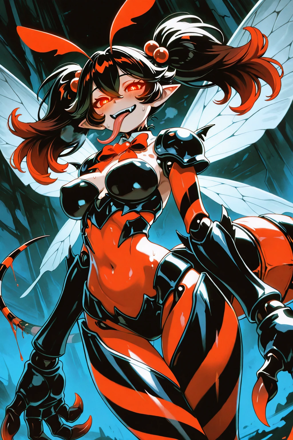 Hot insect crustacean woman, Guyver style, evil smile, scaraber reploid, bellows tail, cel shade adult animation, alien queen,