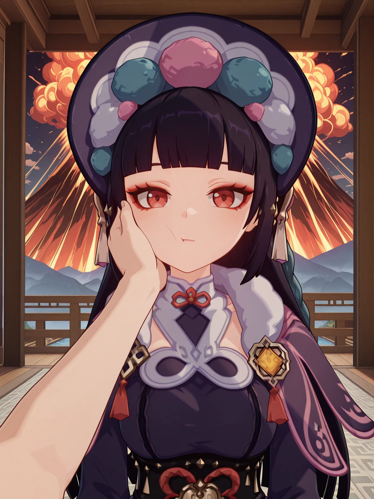 masterpiece, best quality, amazing quality,, <lora:genshin-yun-jin-ingame-illustriousxl-lora-nochekaiser:1>, yun jin, yun jin (genshin impact), black hair, blunt bangs, braid, eyeshadow, long hair, makeup, purple hair, red eyes, red eyeshadow, mature female, medium breasts, 3d, black footwear, boots, chinese clothes, fur trim, hat, knee boots, long sleeves, pantyhose, pom pom (clothes), purple pantyhose,, <lora:pov-cheek-and-head-pat-illustriousxl-lora-nochekaiser:1>, pov cheek and head pat, pov cheek and head pat (meme), looking at viewer, upper body, solo focus, pov, hand on another's head, pov hands, headpat, hand on another's face, hand on another's cheek, petting,, geyser, steam, water, hot_spring, eruption, cowboy shot, solo, looking at viewer,