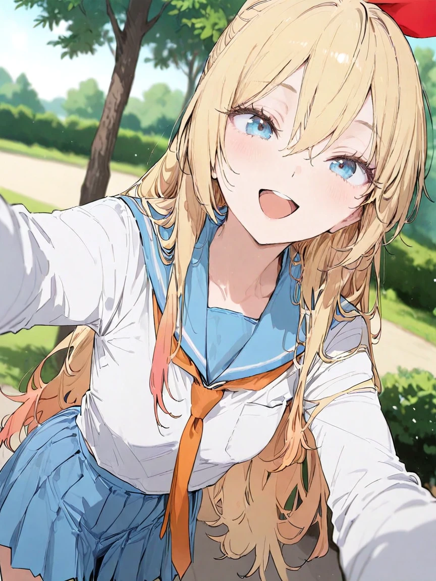 1girl, kirisaki chitoge, long hair, solo, school uniform, blue eyes, blonde hair, ribbon, skirt, hair ribbon, necktie, open mouth, pleated skirt, serafuku, blue skirt, sparkle, red ribbon, looking at viewer, very long hair, sailor collar, tree, orange necktie, shirt, blue sailor collar, happy, selfie, 
masterpiece, best quality, very aesthetic, depth of field, perfect eyes, depth of field,