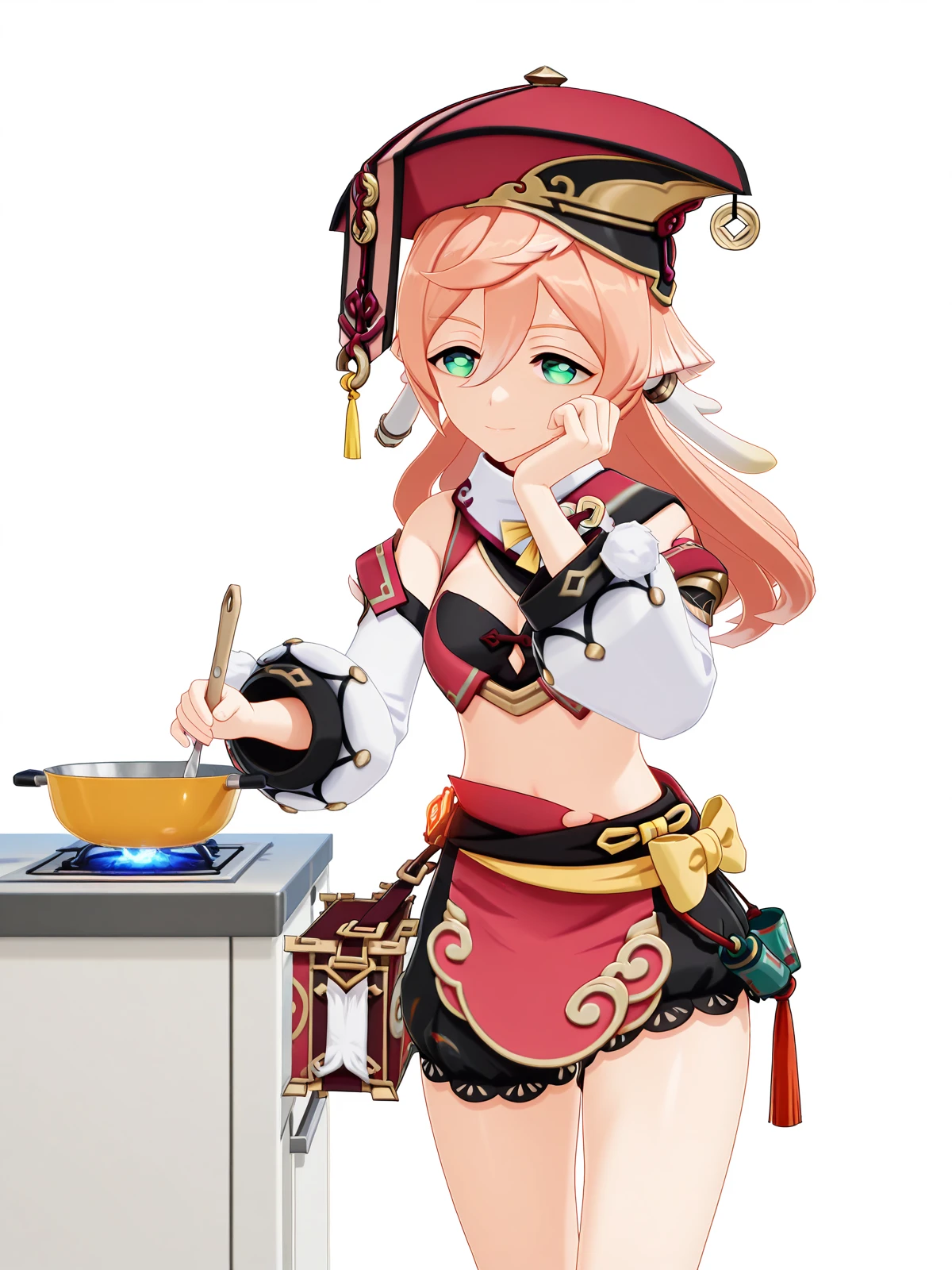 masterpiece, best quality, amazing quality,, <lora:genshin-yanfei-ingame-illustriousxl-lora-nochekaiser:1>, yanfei, yanfei (genshin impact), antlers, horns, pink hair, long hair, hair between eyes, green eyes, mature female, medium breasts, 3d, black bra, black shorts, boots, bow, bra, high heels, long sleeves, midriff, navel, red headwear, red skirt, red vest, shorts, skirt, two-tone footwear, vest, yellow bow,, head rest, kitchen, cooking, apron, cutting vegetables, home cooking, cowboy shot, solo, looking at viewer, <lora:transparent-background-illustriousxl-lora-nochekaiser:1>, transparent background, simple background, white background