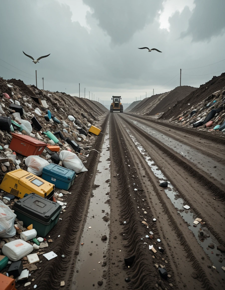 A wide, desolate landscape of a public landfill stretching across the horizon under a cloudy gray sky. Piles of mixed garbageâplastic bags, broken furniture, rusted metal, old electronics, and decaying organic wasteâare scattered in uneven mounds. Seagulls circle overhead while stray dogs rummage through the debris. In the distance, a bulldozer pushes trash into larger heaps, and a faint haze rises from decomposing matter. The ground is muddy and littered with fragments, creating a chaotic, grim atmosphere. No people are present.public l4ndf1ll, <lora:public_l4ndf1llv2-i:1>, Masterpiece,best quality,hi res,8k,hi res,8k,award winning,(sharp focus, intricate, highly detailed),