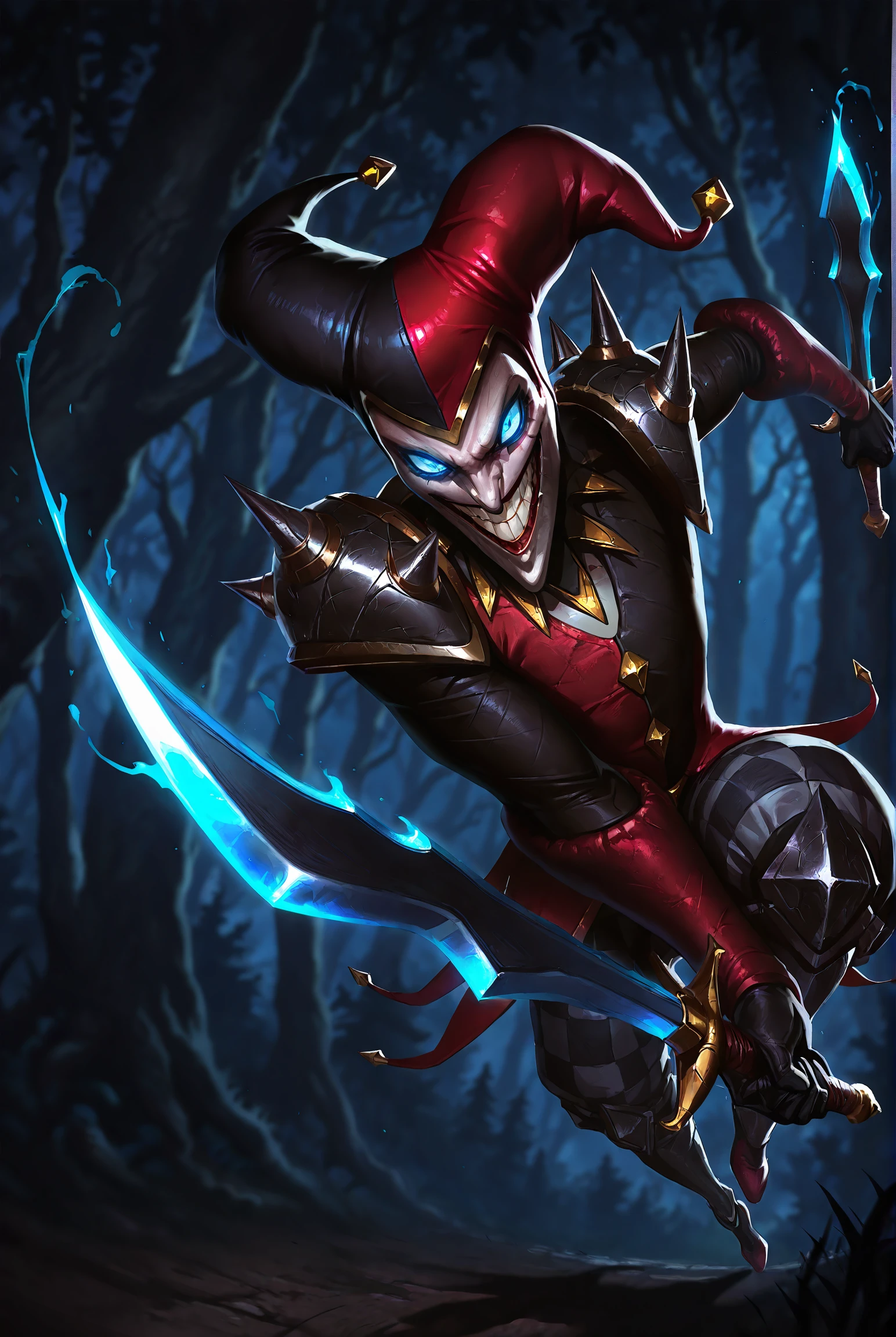 very awe,aesthetically pleasing,masterpiece,best quality,amazing quality,very aesthetic,ultra-detailed,high resolution,8k,1boy,solo,male focus,detailed face,spikes,blue eyes,glowing eyes,armor,hat,jester cap,teeth,smile,red clothes,gloves,dagger,knife,holding weapon,dual wielding,perspective,depth of field,dynamic pose,shadow,forest,dark,night,<lora:add-detail-xl:1>,<lora:shako lol:0.7>,shac0 lol,<lora:League_of_Legends__illustrious-XL:0.5>,