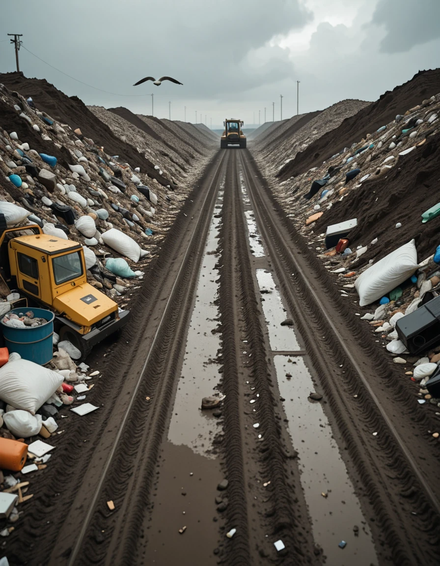 A wide, desolate landscape of a public landfill stretching across the horizon under a cloudy gray sky. Piles of mixed garbageâplastic bags, broken furniture, rusted metal, old electronics, and decaying organic wasteâare scattered in uneven mounds. Seagulls circle overhead while stray dogs rummage through the debris. In the distance, a bulldozer pushes trash into larger heaps, and a faint haze rises from decomposing matter. The ground is muddy and littered with fragments, creating a chaotic, grim atmosphere. No people are present.public l4ndf1ll, <lora:public_l4ndf1llv2-i:1>, Masterpiece,best quality,hi res,8k,hi res,8k,award winning,(sharp focus, intricate, highly detailed),