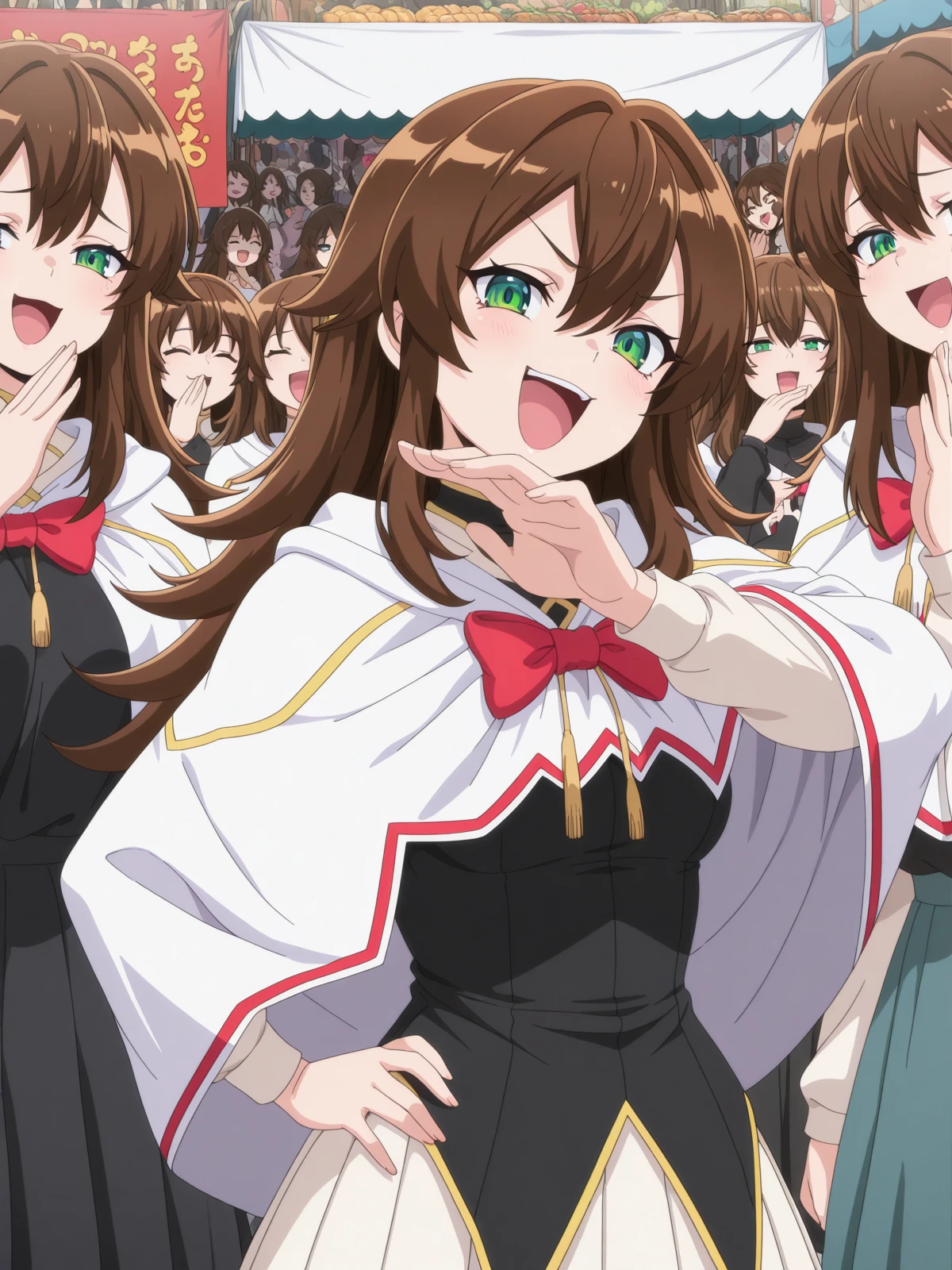 masterpiece, best quality, amazing quality,, <lora:saikyoutank-nin-s1-illustriousxl-lora-nochekaiser:1>, nin, long hair, brown hair, hair between eyes, green eyes, mature female, small , anime screencap, skirt, bow, red bow, capelet, white skirt, white capelet, black shirt, pleated skirt,, <lora:ojou-sama-pose-illustriousxl-lora-nochekaiser:1>, ojou-sama pose, laughing, smug, hand to own mouth, open mouth, upper body, market, stalls, people, food, trade, cowboy shot, solo, looking at viewer,