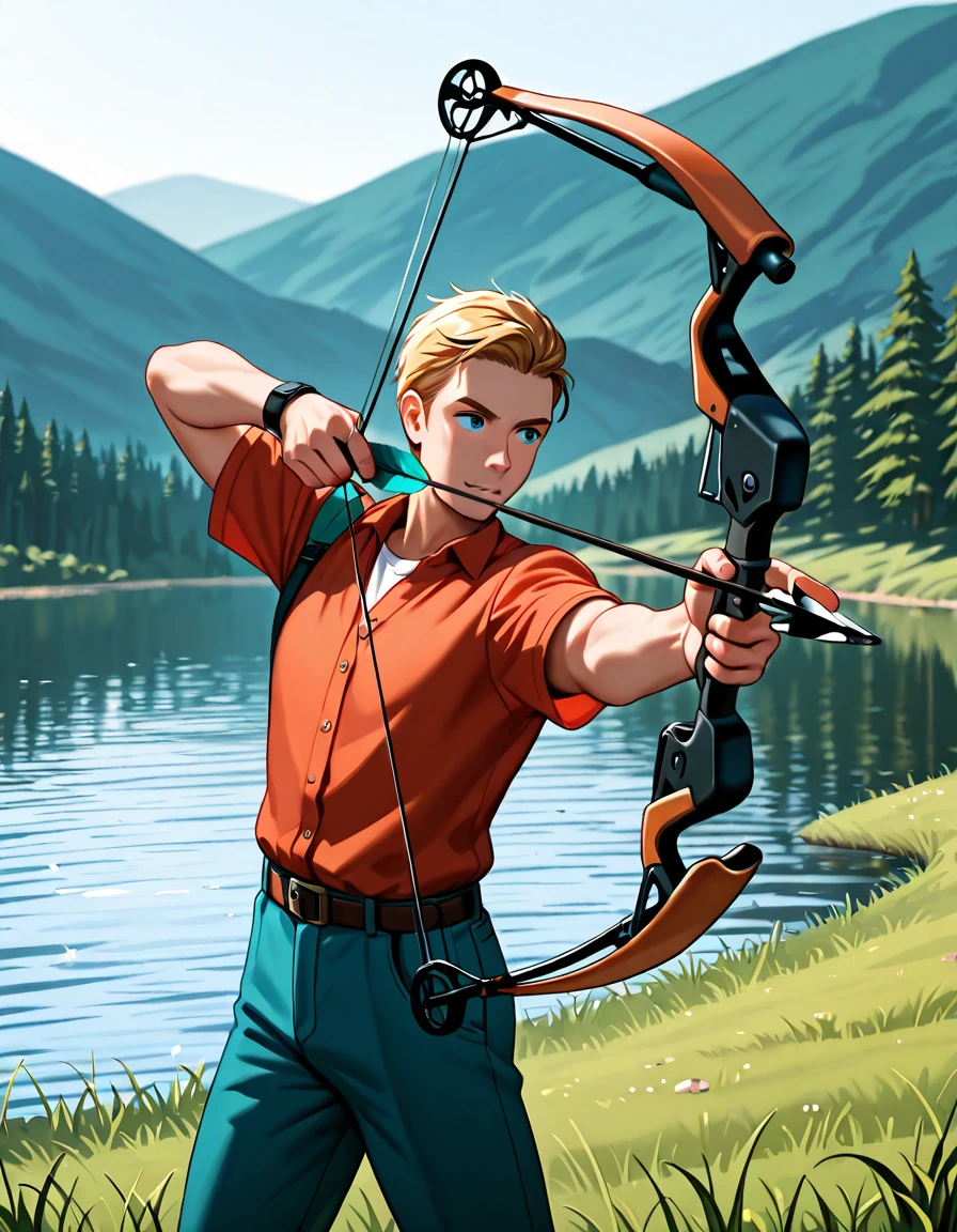 <lora:Better Bows v2_epoch_10:1>, bow, compound bow, arrow, drawn, aiming, holding, dynamic pose, 1boy, solo, outside, lake,