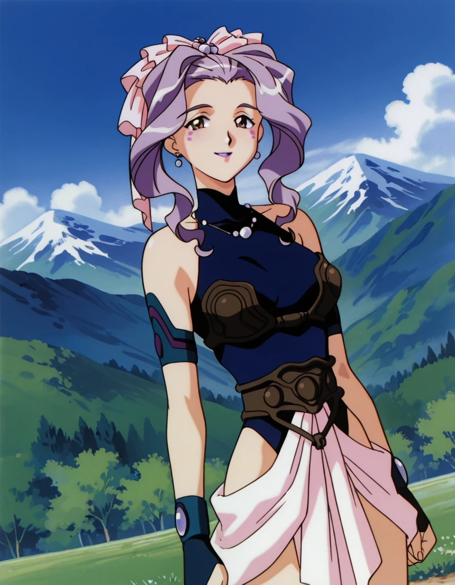 detailed background, detailed face, retro style, masterpiece, best quality, amazing quality, very aesthetic, absurdres, highres, ultra-detailed, anime coloring, cowboy shot, dutch angle, <lora:Miz_Mishtal_-_El-Hazard_The_Magnificent_World:1>, 1girl, solo, standing, Miz Mishtal, purple wavy hair, medium length, side parted bangs, large loose curls, pink floral headband, ligth brown eyes, purple lips, two Pink points make up under the eyes, earrings, Pearl necklace, large breast, bluish-purple sleeveless high-neck top, open sides revealing waist, brown armor chest, brown armor belt, hite cloth tied at the waist, blue and violet arm guard, black and blue fingerless glove on right hand, blue and violet wristband with lilac gems, looking at viewer, smile, mountain background, sky, outdoors, day time